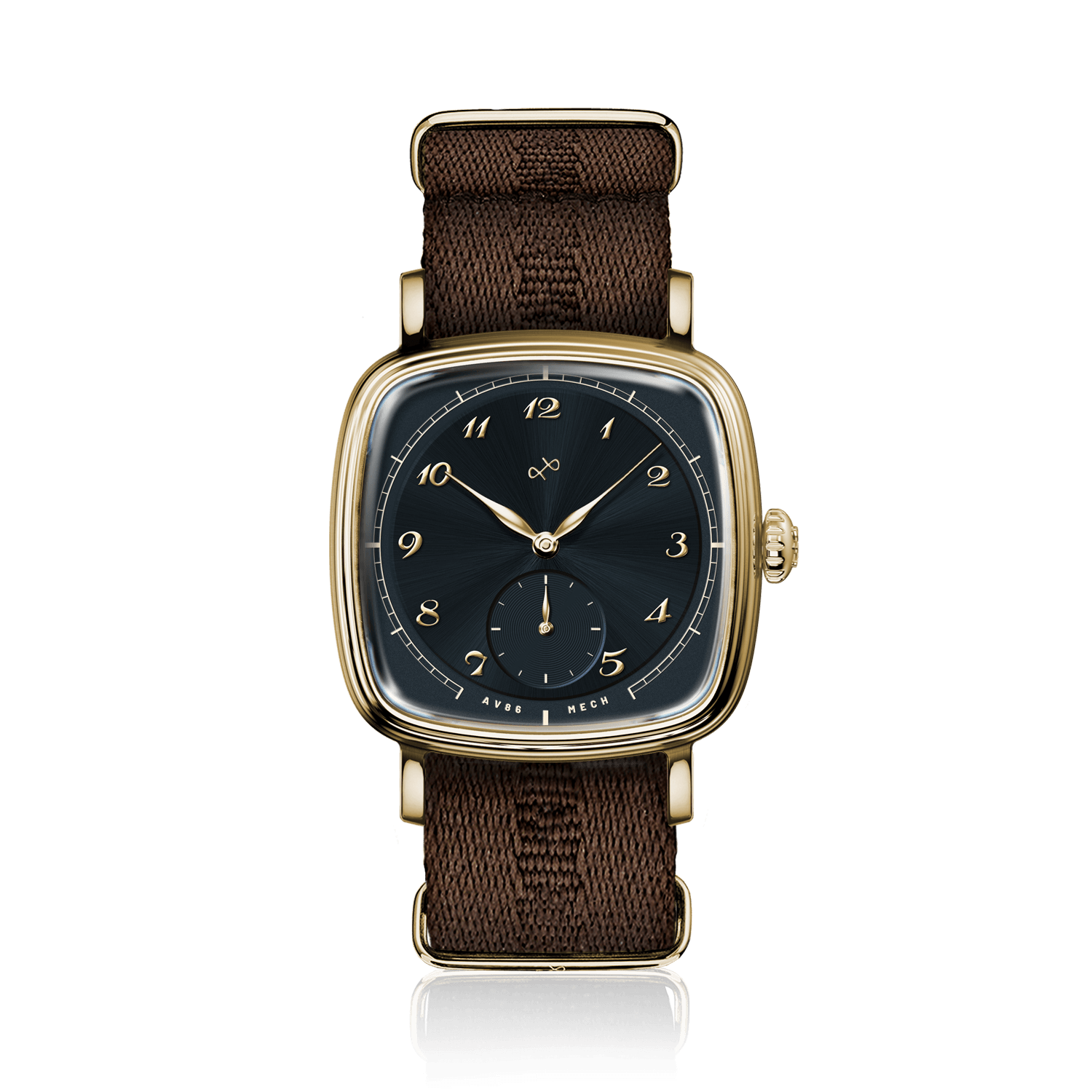1954 Amalfi Mechanical, Gold / Midnight Blue by AV86 luxury dress watch with gold case, mechanical seconds, sapphire crystal, and brown textile strap