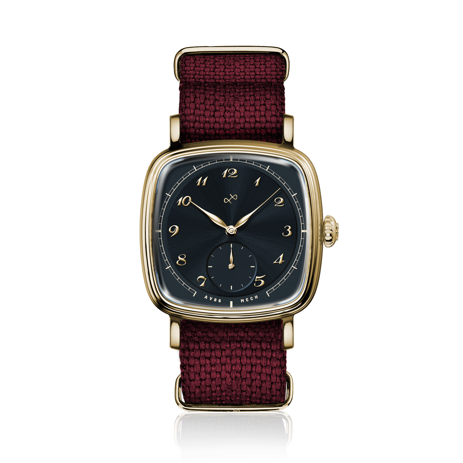 1954 Amalfi Mechanical by AV86 luxury dress watch with gold case, mechanical small seconds, sapphire crystal, and textured burgundy textile strap
