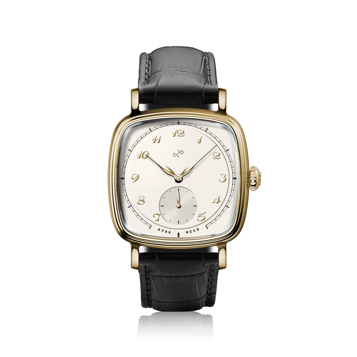 1954 Amalfi Mechanical by AV86 luxury dress watch with cushion case, off-white dial, small seconds, sapphire crystal, leather strap