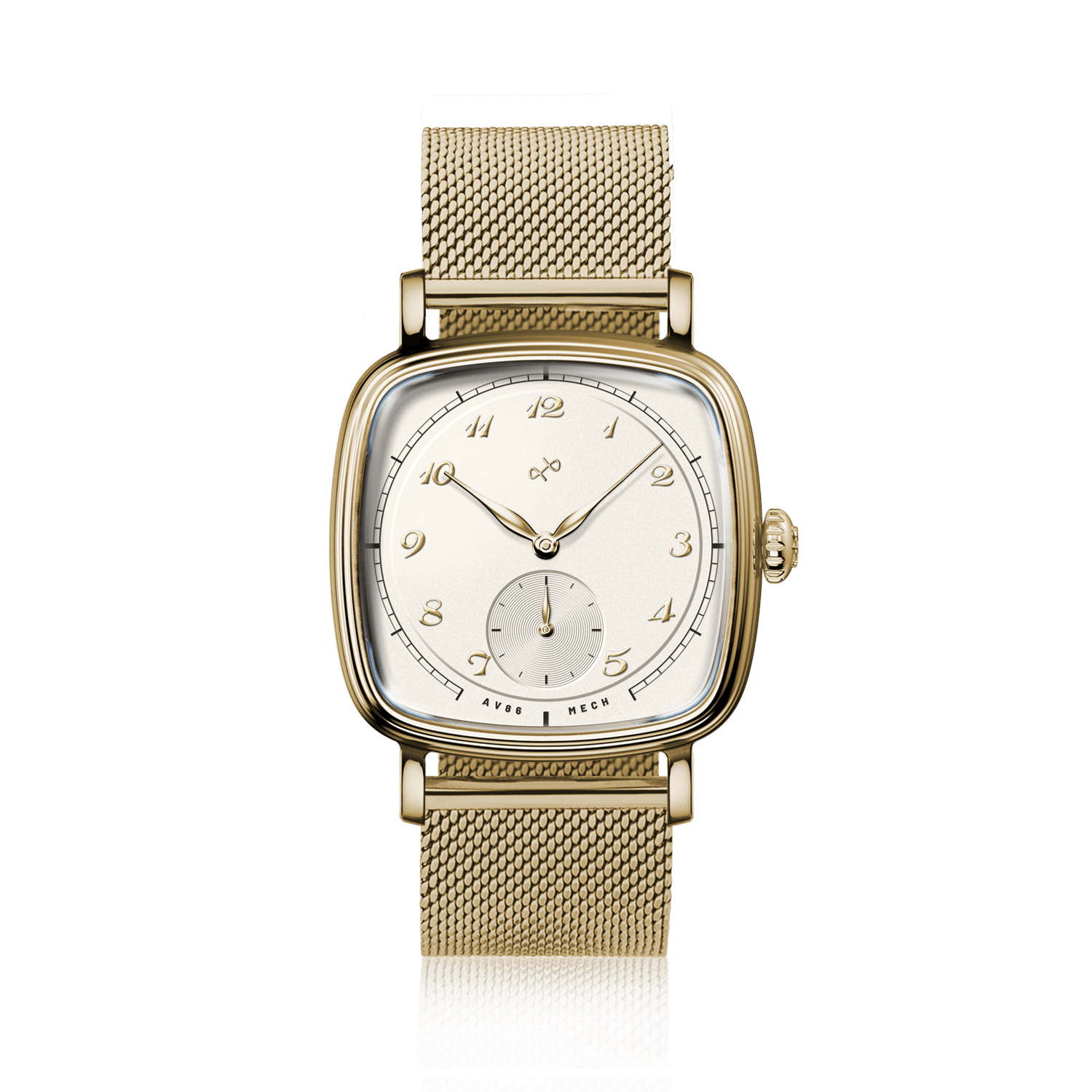 1954 Amalfi Mechanical by AV86 luxury dress watch with polished gold cushion case, off-white dial, small seconds, mesh bracelet