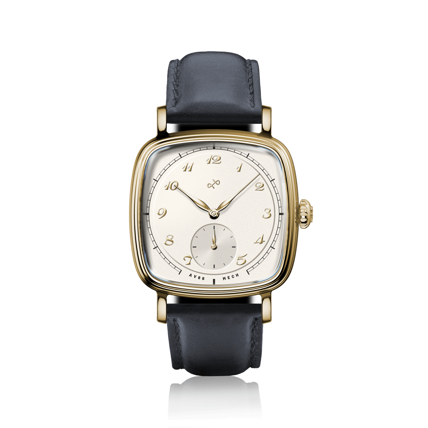 1954 Amalfi Mechanical by AV86 dress watch with polished gold cushion case, off-white dial, small seconds, and black leather strap