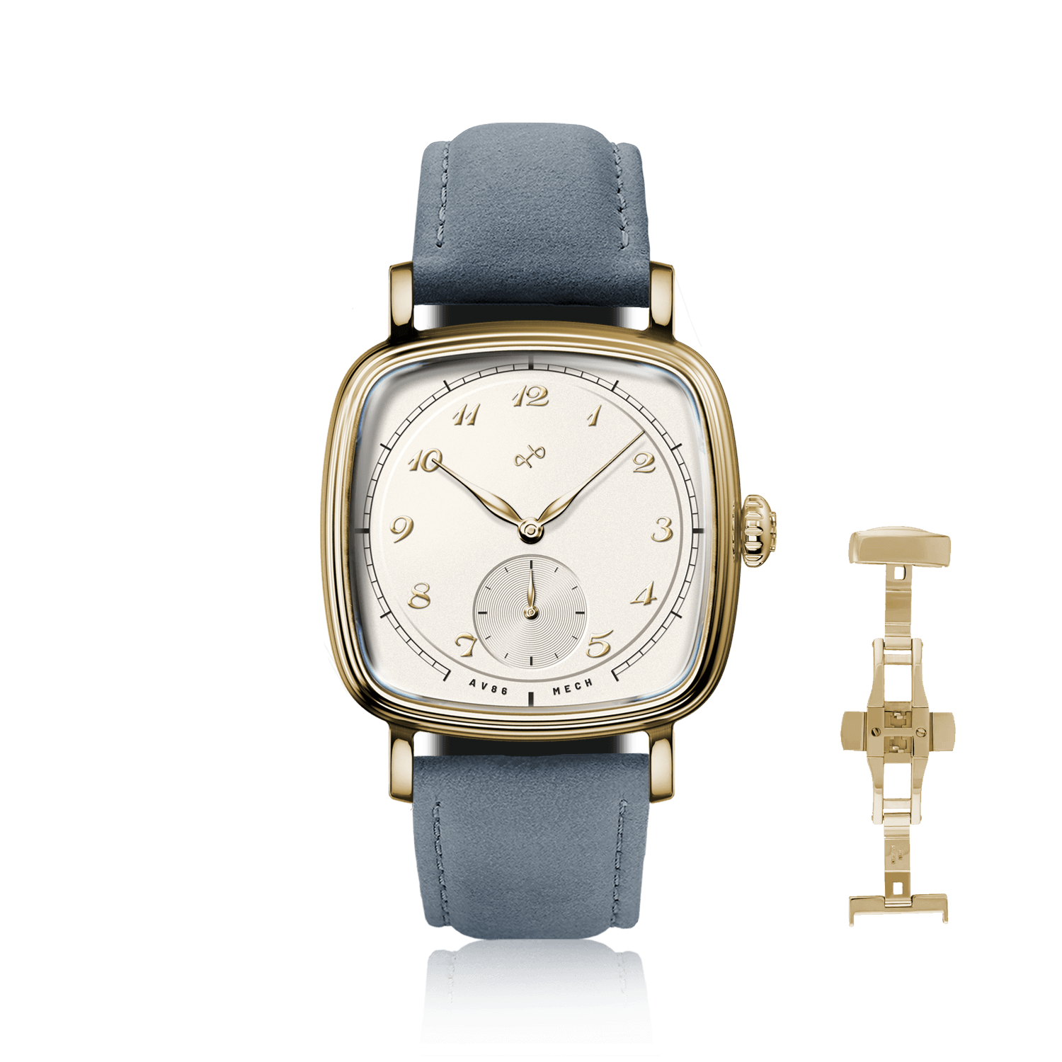1954 Amalfi Mechanical by AV86 luxury dress watch with polished gold cushion case, off-white dial, small seconds, leather strap, deployant clasp