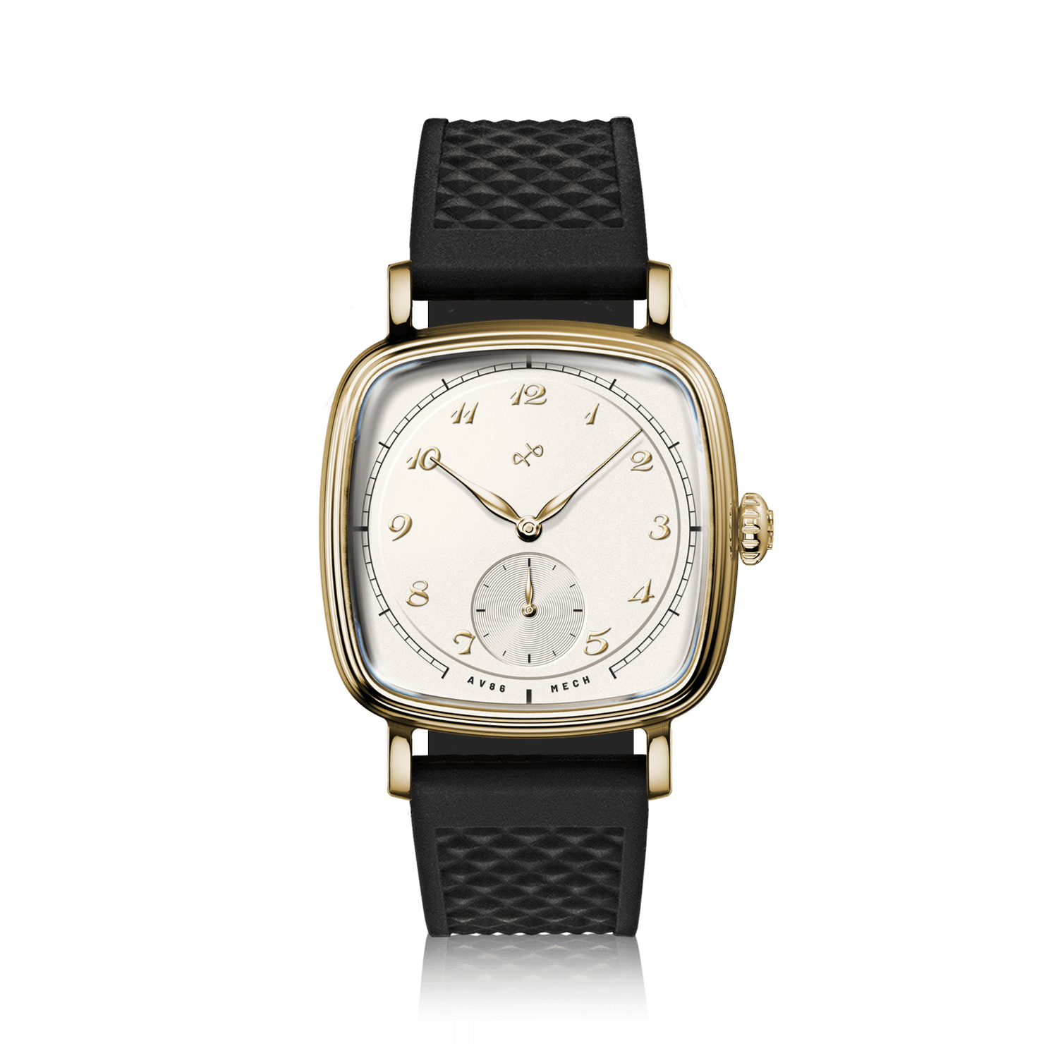 1954 Amalfi Mechanical by AV86 luxury dress watch with polished gold cushion case, off-white dial, small seconds, textured black rubber strap