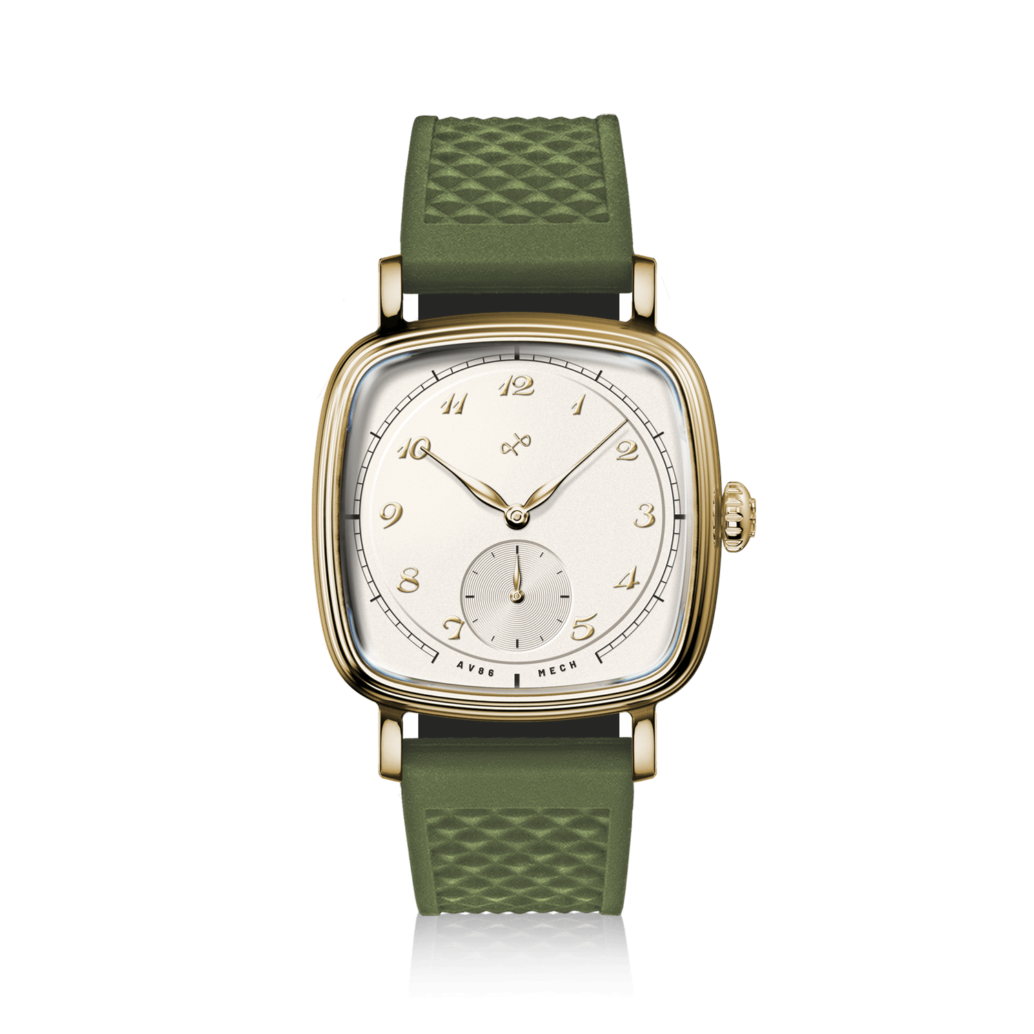 1954 Amalfi Mechanical by AV86 luxury dress watch with polished gold cushion case, off-white dial, small seconds, textured rubber strap
