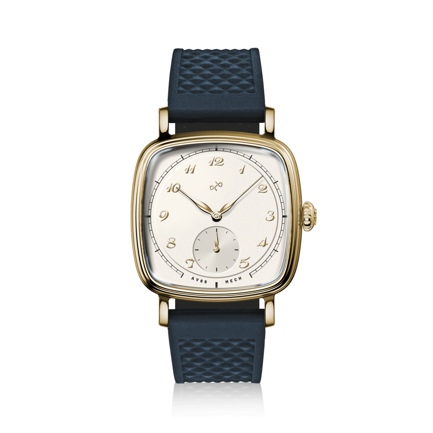1954 Amalfi Mechanical by AV86 luxury dress watch with polished gold cushion case, off-white dial, small seconds, textured blue rubber strap