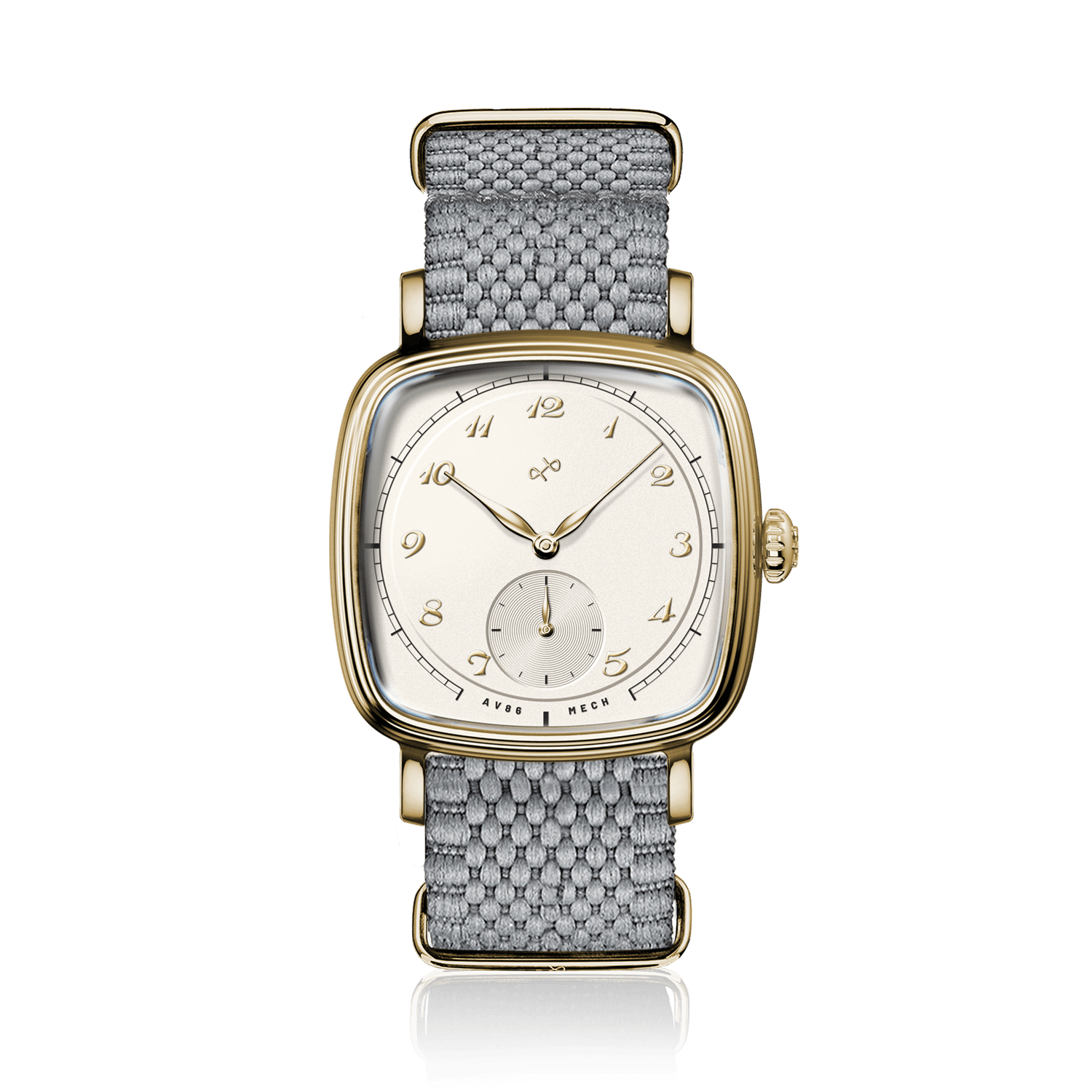 1954 Amalfi Mechanical, Gold / Off White by AV86, luxury dress watch with polished cushion case, vintage dial, small seconds, woven fabric strap