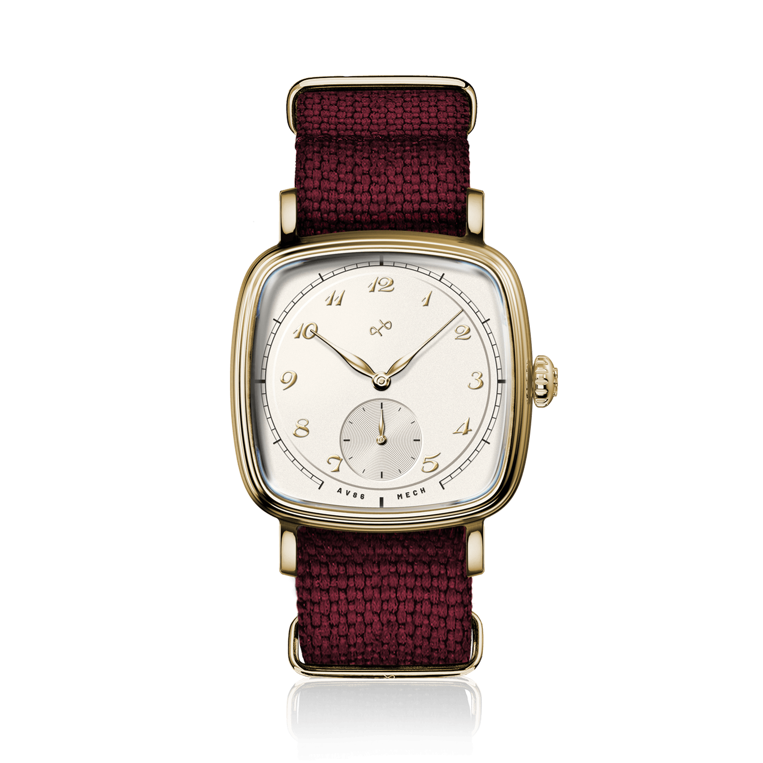 1954 Amalfi Mechanical, Gold / Off White by AV86 luxury dress watch with polished gold case, subdial seconds, burgundy woven strap