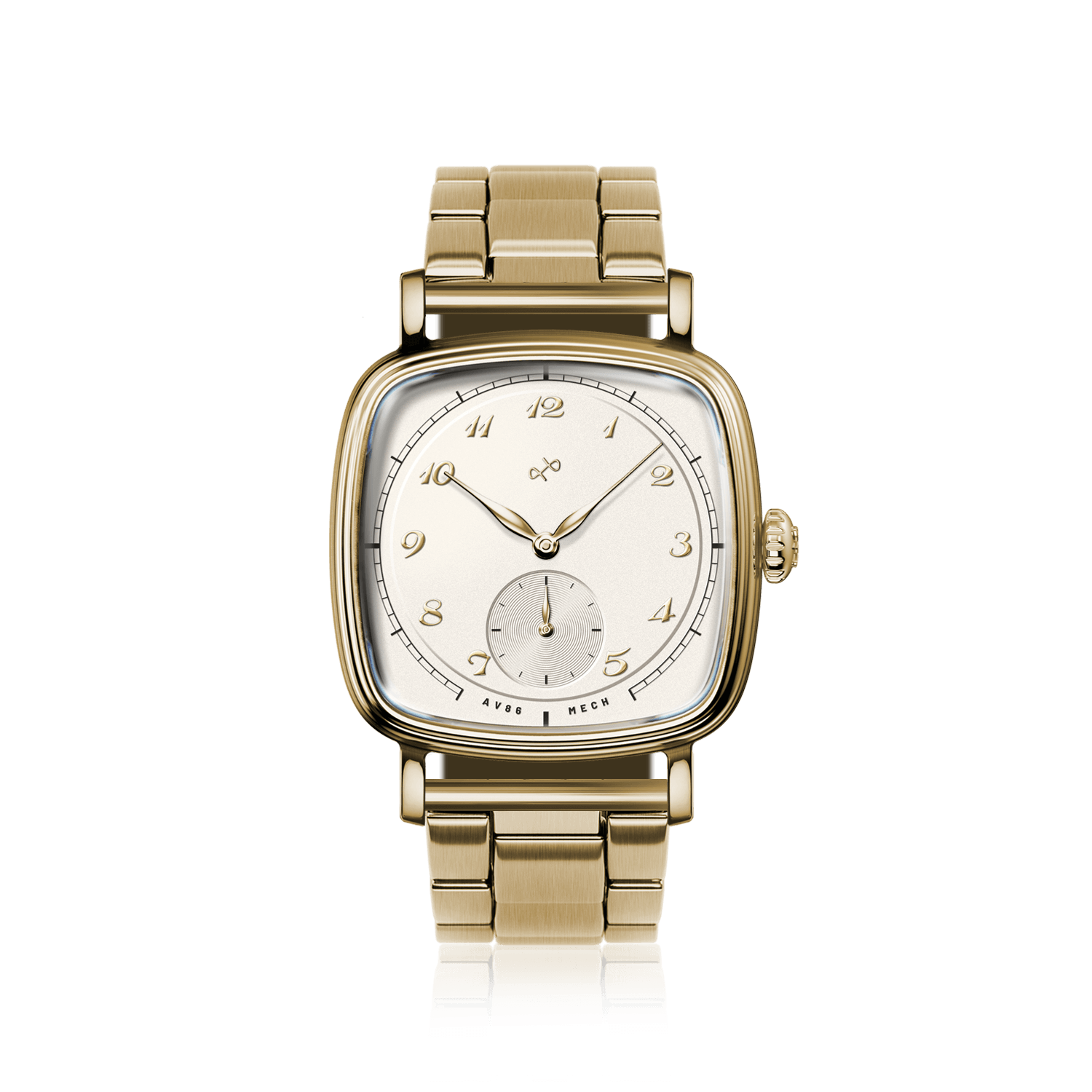1954 Amalfi Mechanical, Gold / Off White by AV86 luxury dress watch with polished gold cushion case, mechanical movement, small seconds, metal bracelet