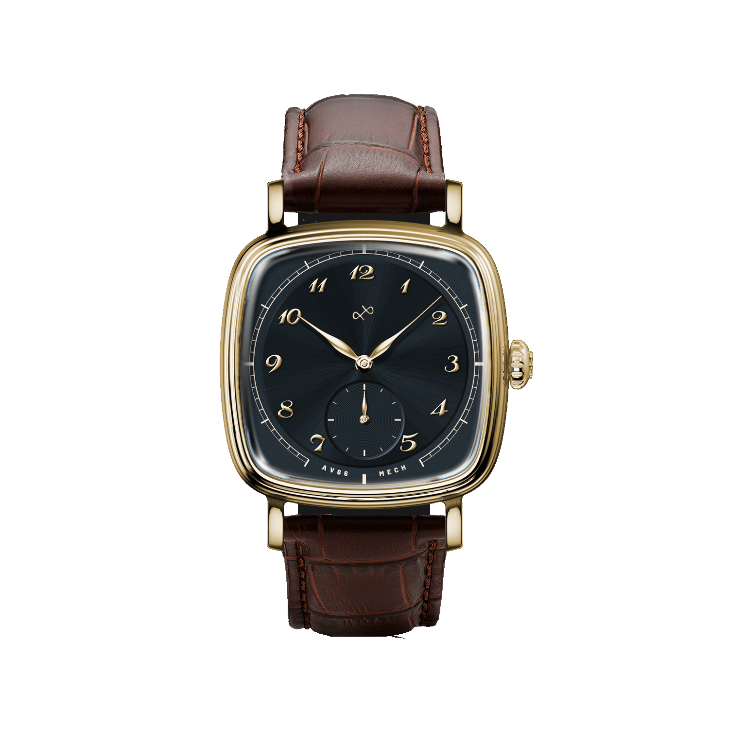 Luxury dress watch by AV86 with square case, sunray dial, mechanical small seconds, curved sapphire crystal, and brown leather strap.