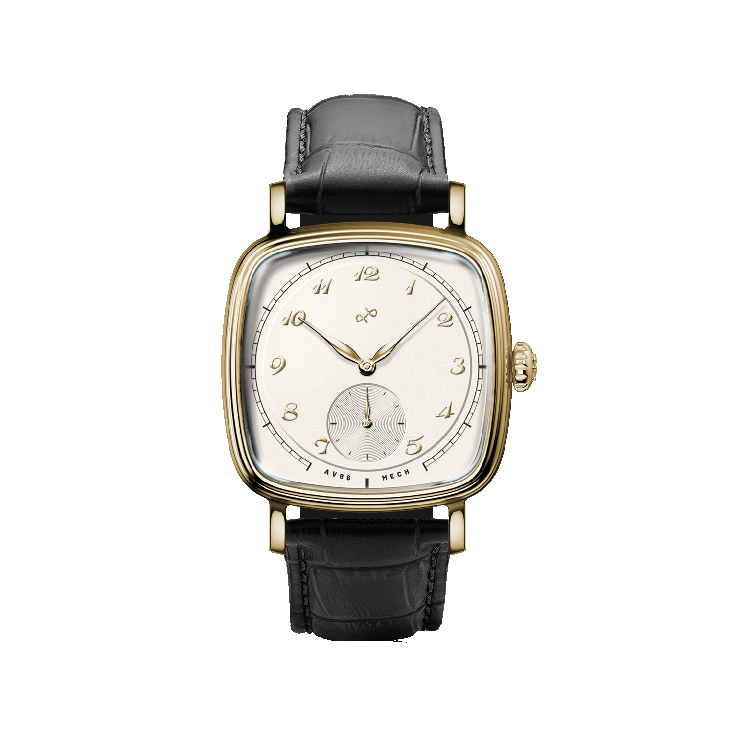 Vintage-inspired dress watch by AV86 with rounded square case, mechanical small seconds, curved sapphire crystal, and black leather strap