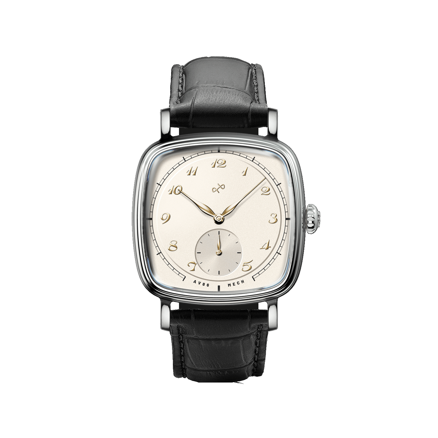 Vintage-inspired dress watch by AV86 with cushion case, mechanical small seconds, sapphire crystal, and black leather strap