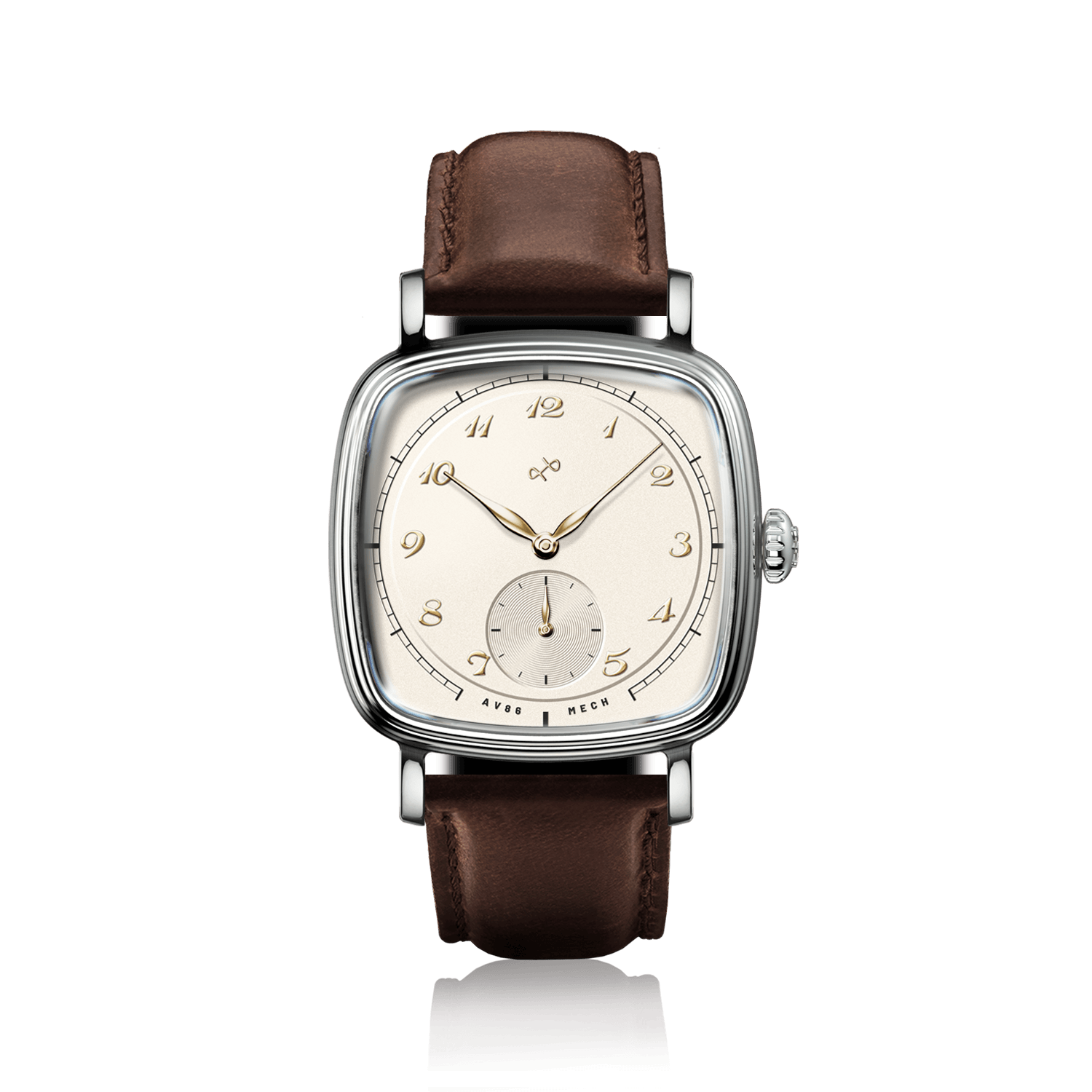 1954 Amalfi Mechanical by AV86 with cushion-shaped steel case, vintage-inspired dial, small seconds, and brown leather strap