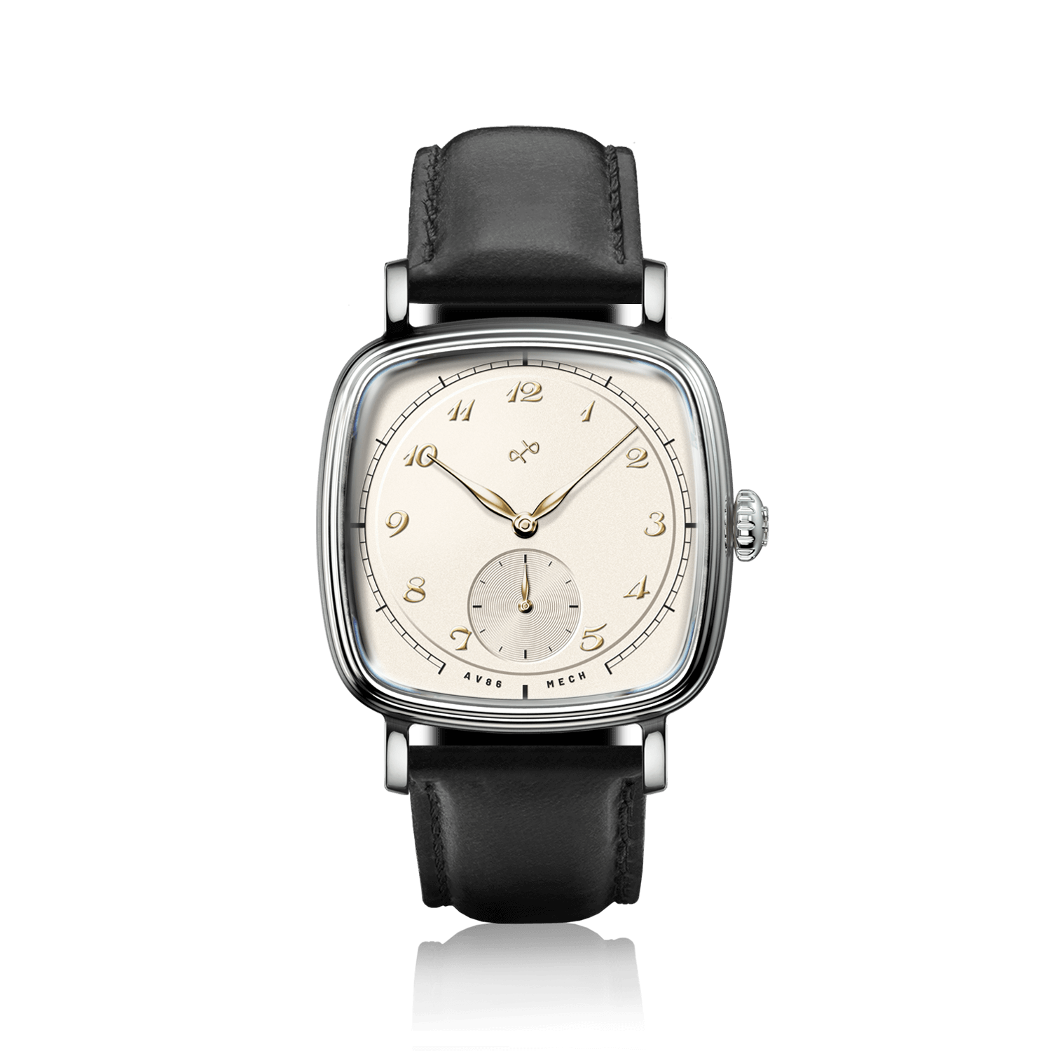 1954 Amalfi Mechanical by AV86 with cushion-shaped steel case, vintage-inspired dial, small seconds subdial, and black leather strap
