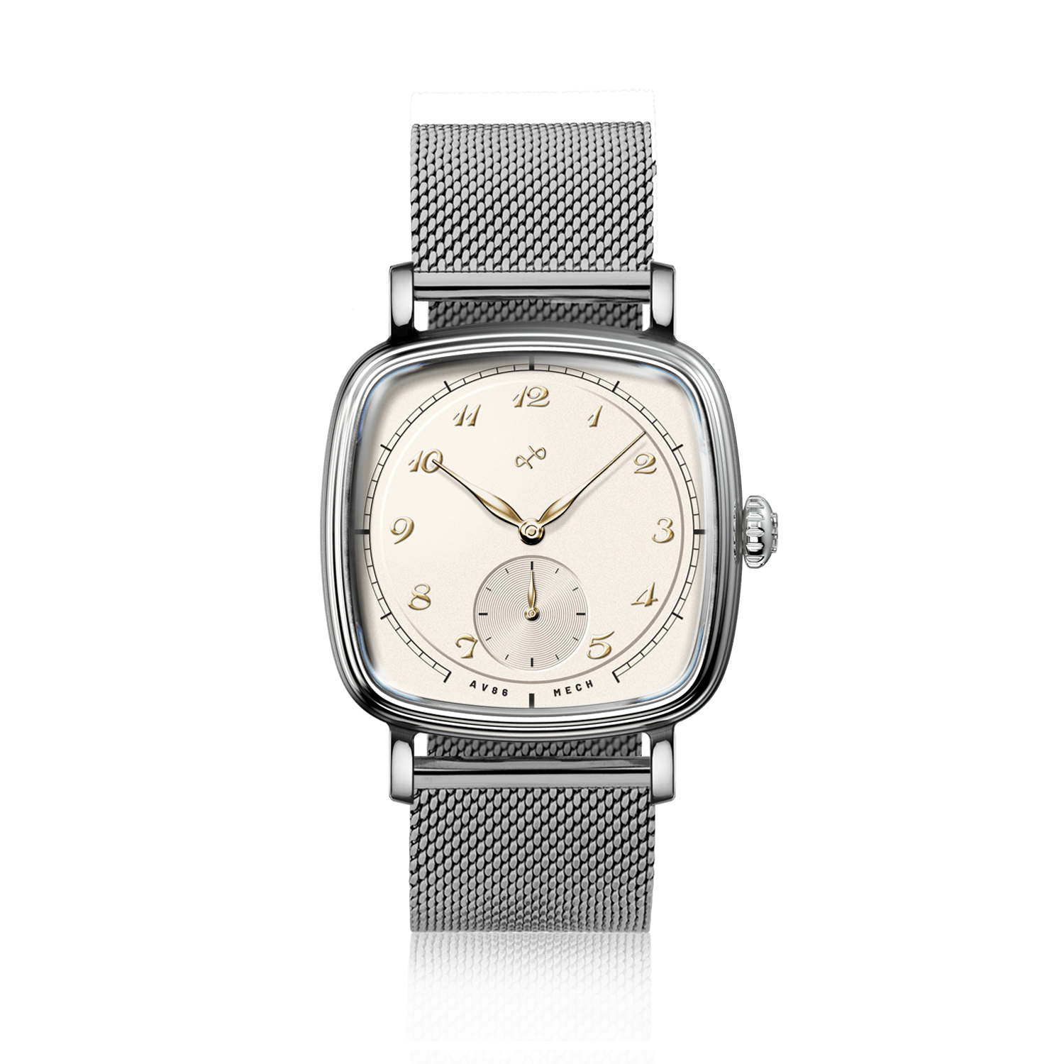 1954 Amalfi Mechanical by AV86 with cushion case, vintage-inspired dial, small seconds, sapphire crystal, and mesh stainless steel strap