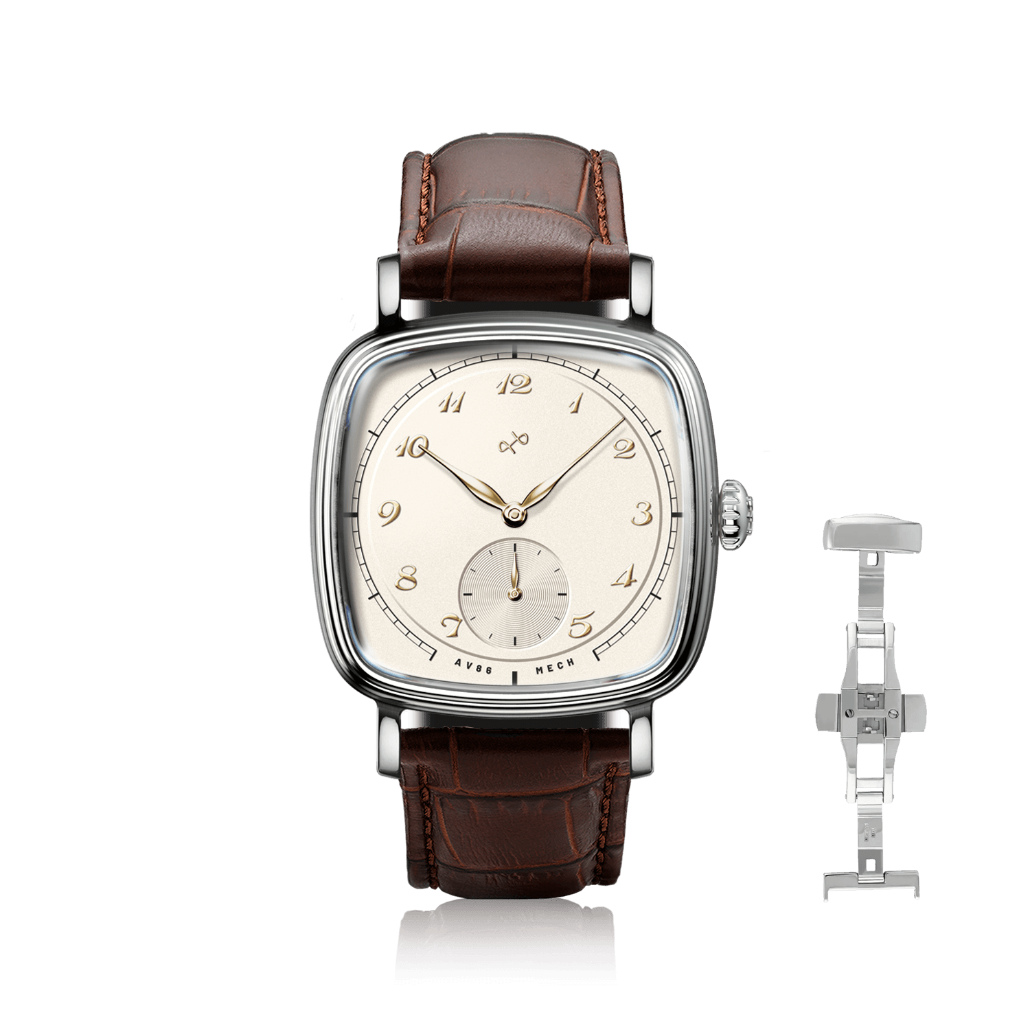 1954 Amalfi Mechanical by AV86 with cushion steel case, off-white vintage dial, small seconds subdial, sapphire crystal, and brown leather strap with deployant clasp