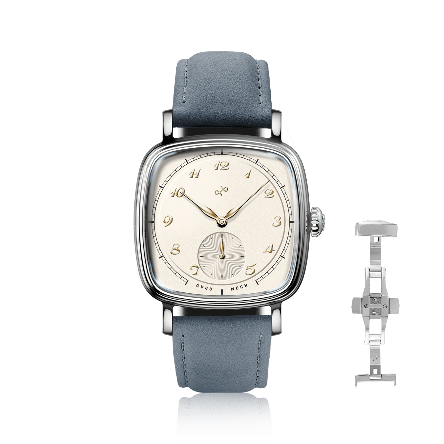 1954 Amalfi Mechanical by AV86 with cushion-shaped case, vintage dial, small seconds, sapphire crystal, and blue leather strap with deployant clasp