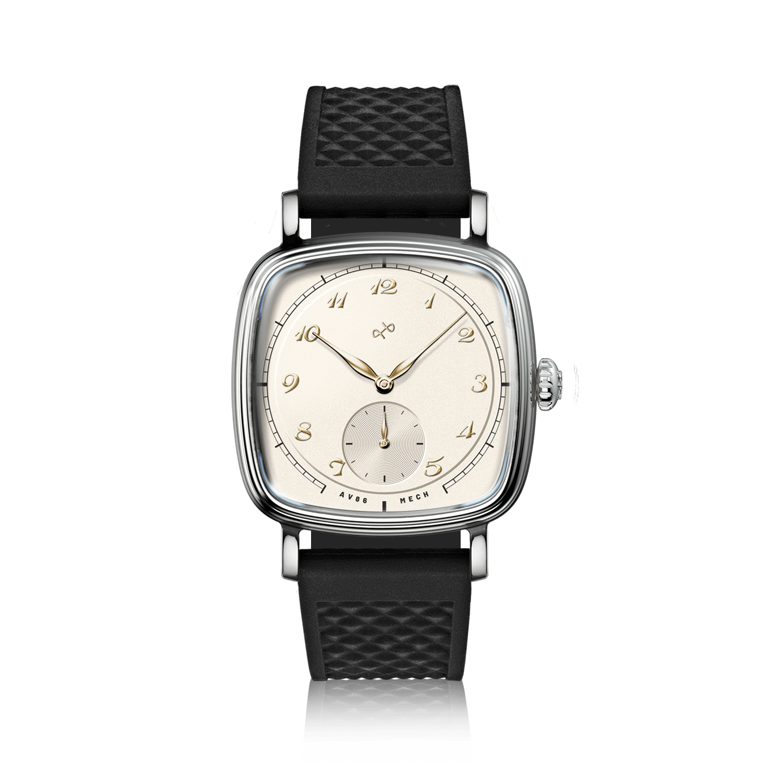 1954 Amalfi Mechanical by AV86 with cushion case, vintage-inspired dial, small seconds subdial, sapphire crystal, and textured black strap