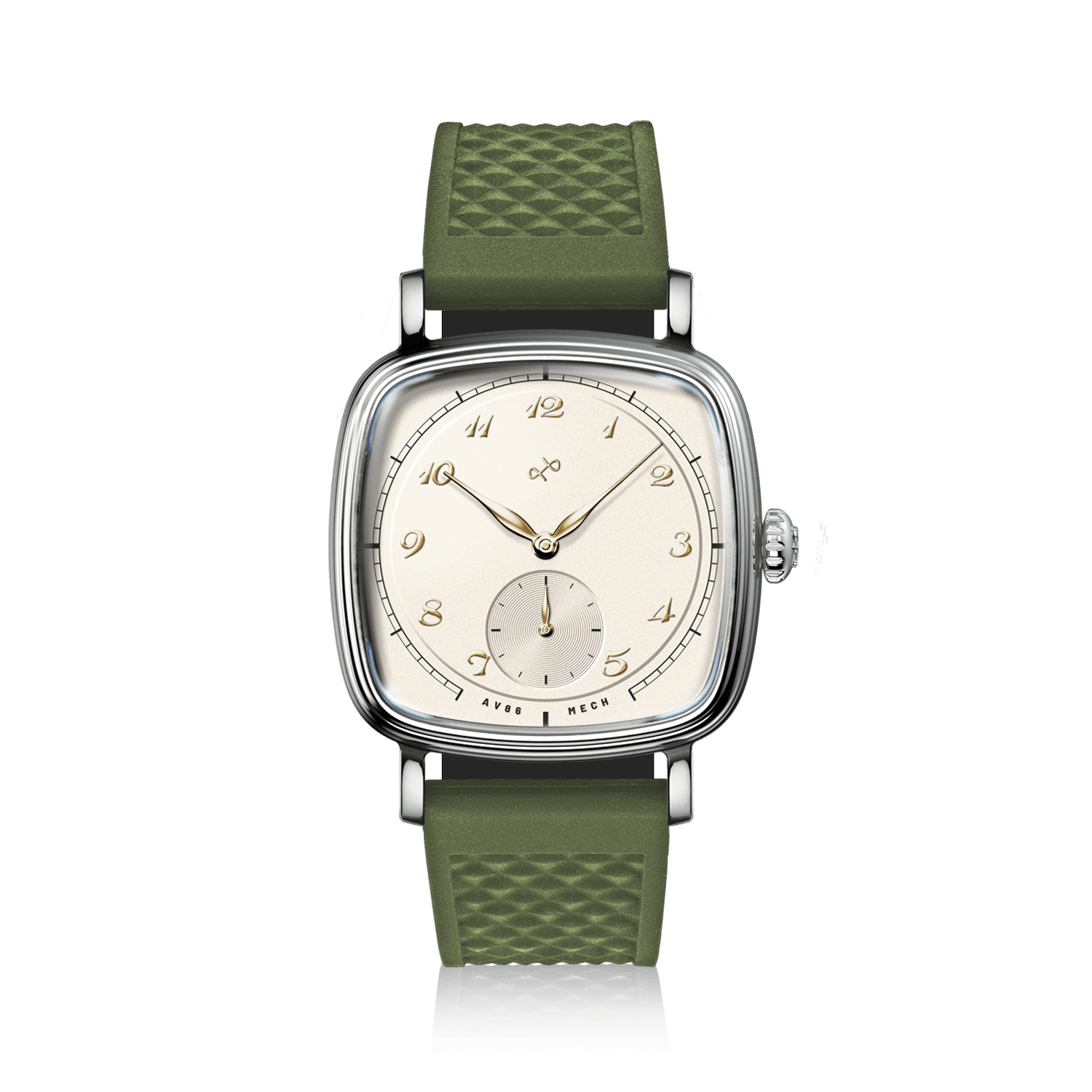 1954 Amalfi Mechanical by AV86 with cushion steel case, vintage dial, small seconds subdial, sapphire crystal, and green textured strap