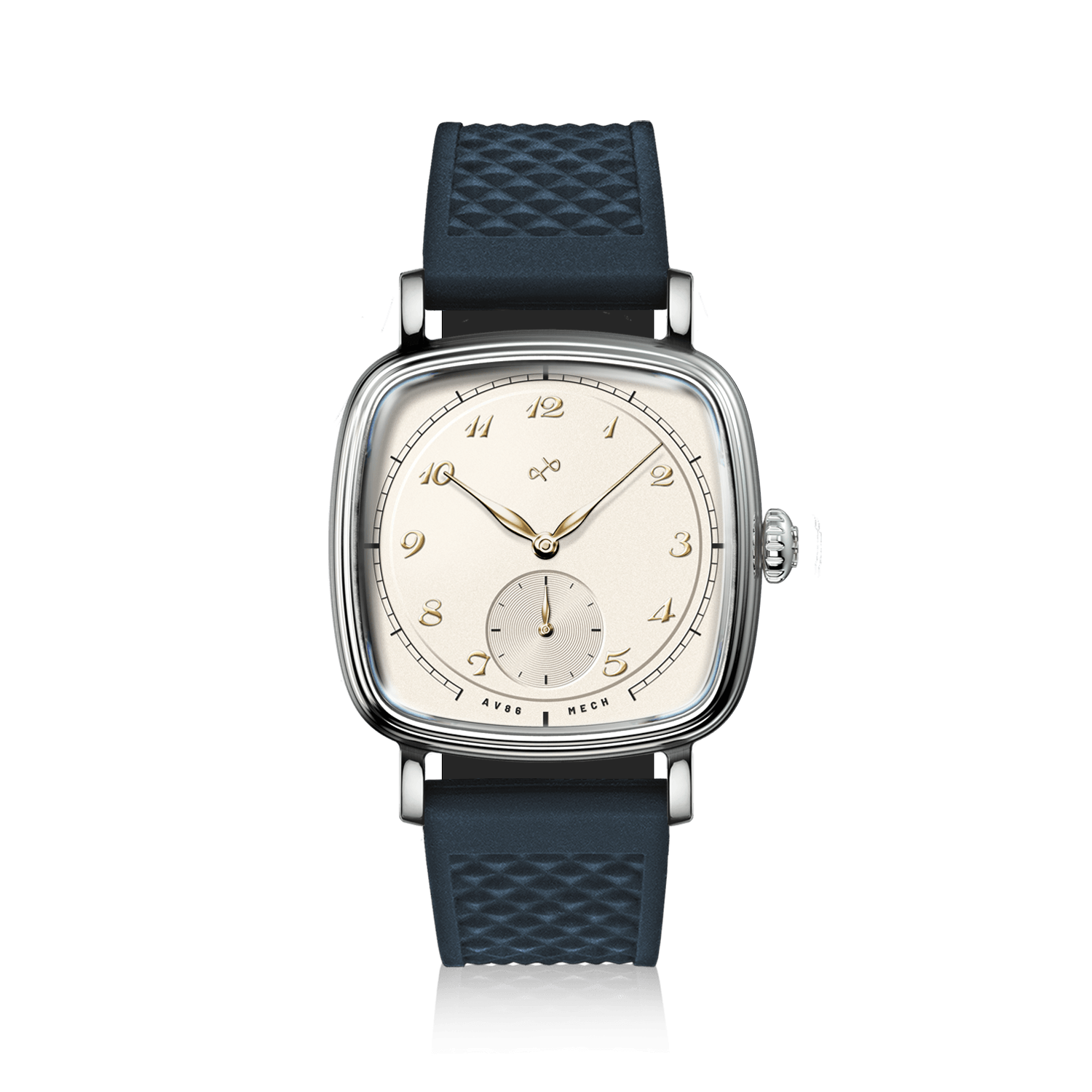 1954 Amalfi Mechanical by AV86 with cushion case, vintage dial, small seconds subdial, sapphire crystal, and textured rubber strap