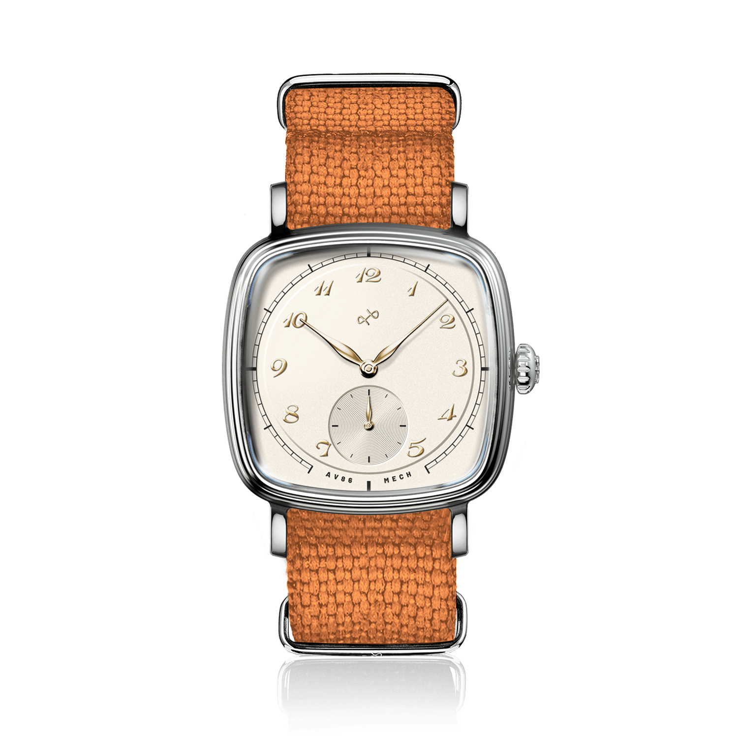 1954 Amalfi Mechanical by AV86 with cushion-shaped case, vintage-inspired dial, small seconds subdial, sapphire crystal, and woven textile strap