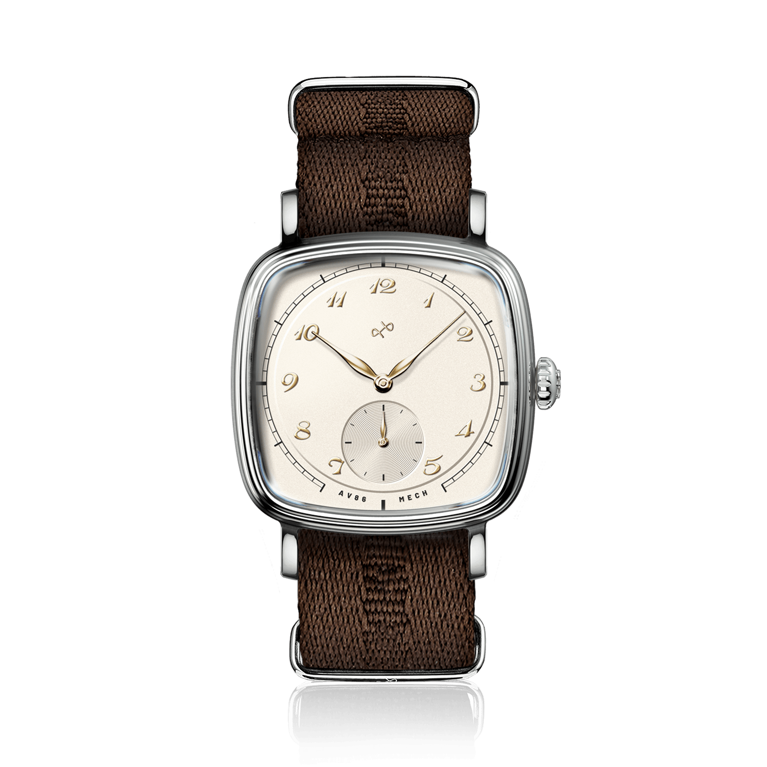 1954 Amalfi Mechanical by AV86 with cushion steel case, vintage-inspired dial, small seconds subdial, sapphire crystal, and brown woven strap