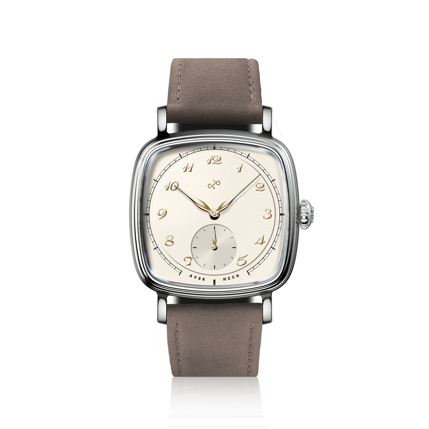 1954 Amalfi Mechanical by AV86 with cushion-shaped case, vintage dial, small seconds subdial, sapphire crystal, and taupe leather strap