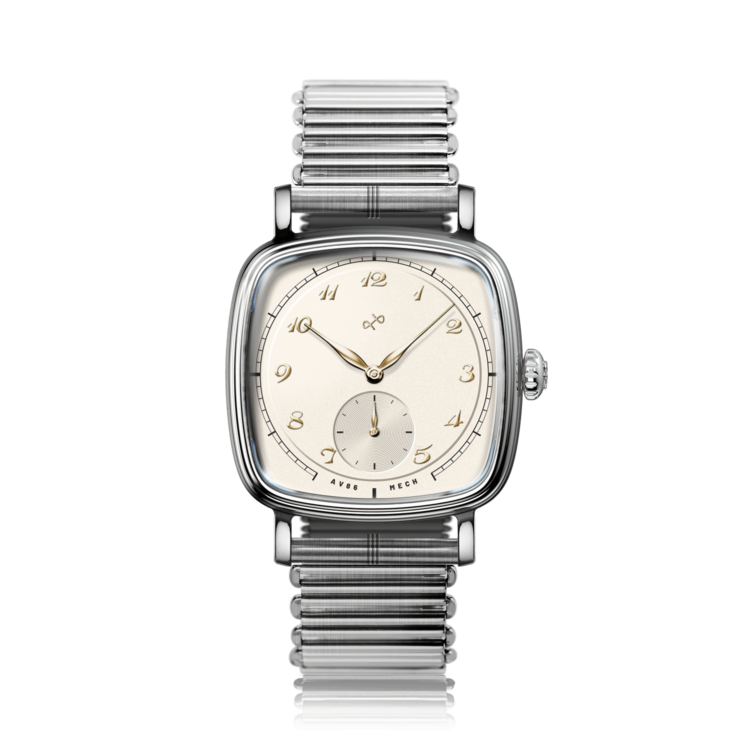 1954 Amalfi Mechanical by AV86 with polished cushion case, vintage-inspired dial, small seconds subdial, sapphire crystal, and stainless steel bracelet