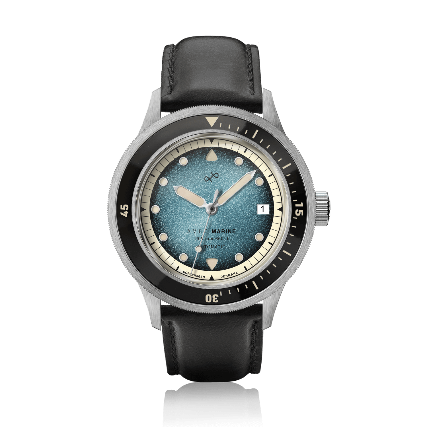 1956 Marine Automatic, Steel / Blue Fade showcasing a vintage-inspired dial with blue fade and black leather strap by AV86.