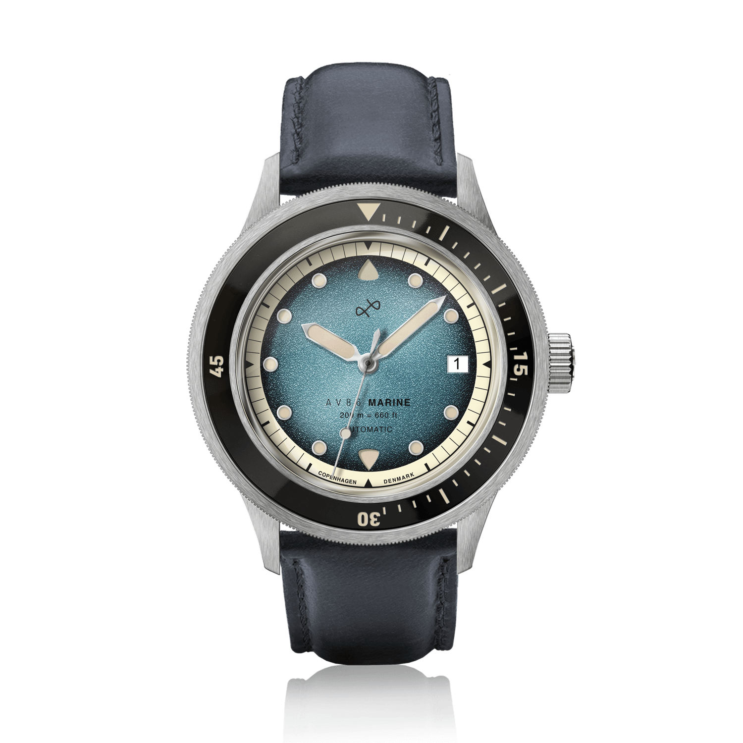 1956 Marine Automatic, Steel / Blue Fade wristwatch by AV86 with vintage-inspired design, blue gradient dial, and leather strap