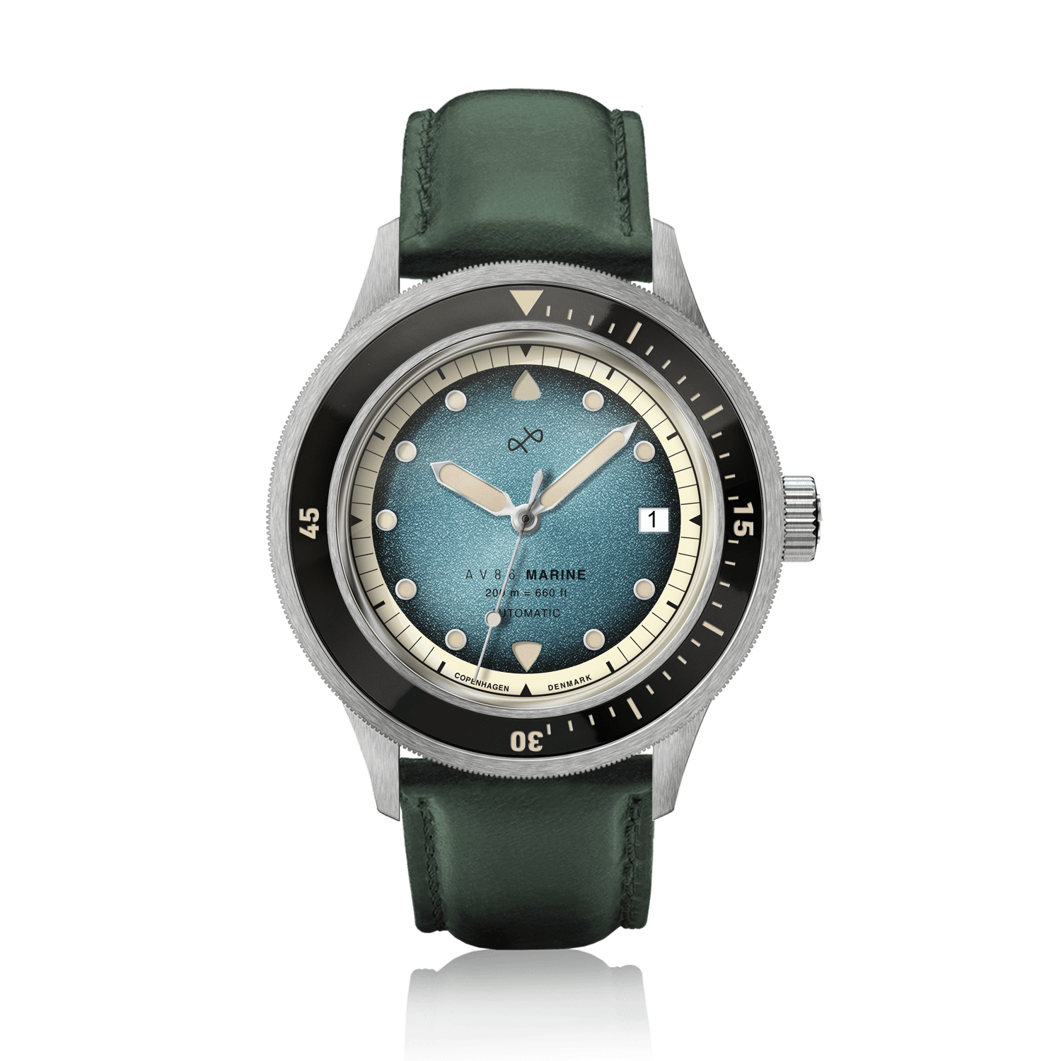 1956 Marine Automatic, Steel / Blue Fade featuring a blue fade dial, stainless steel case, and green leather strap by AV86 luxury timepiece