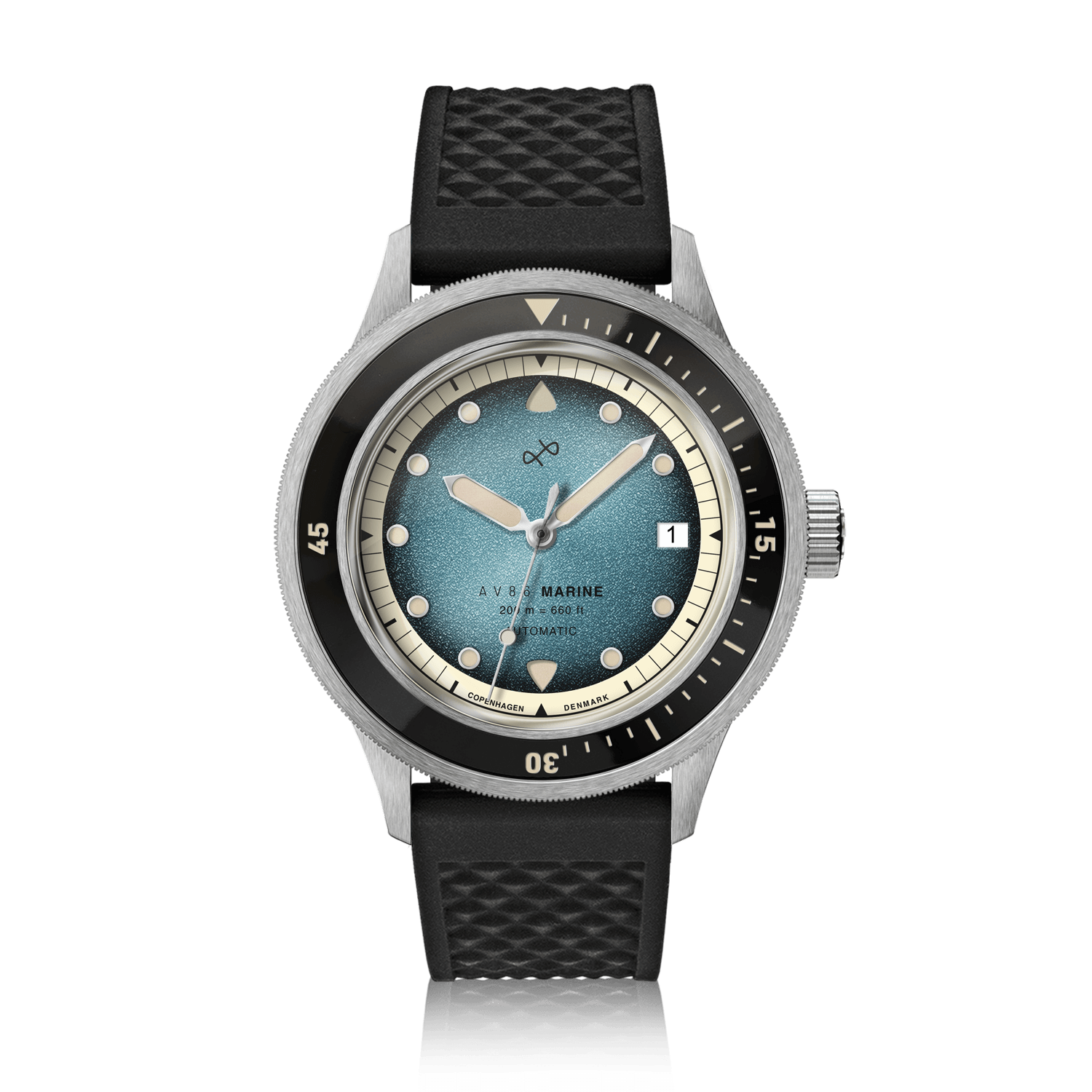 1956 Marine Automatic, Steel / Blue Fade with black rubber strap, vintage-inspired design by AV86 featuring a blue fade dial and date display.
