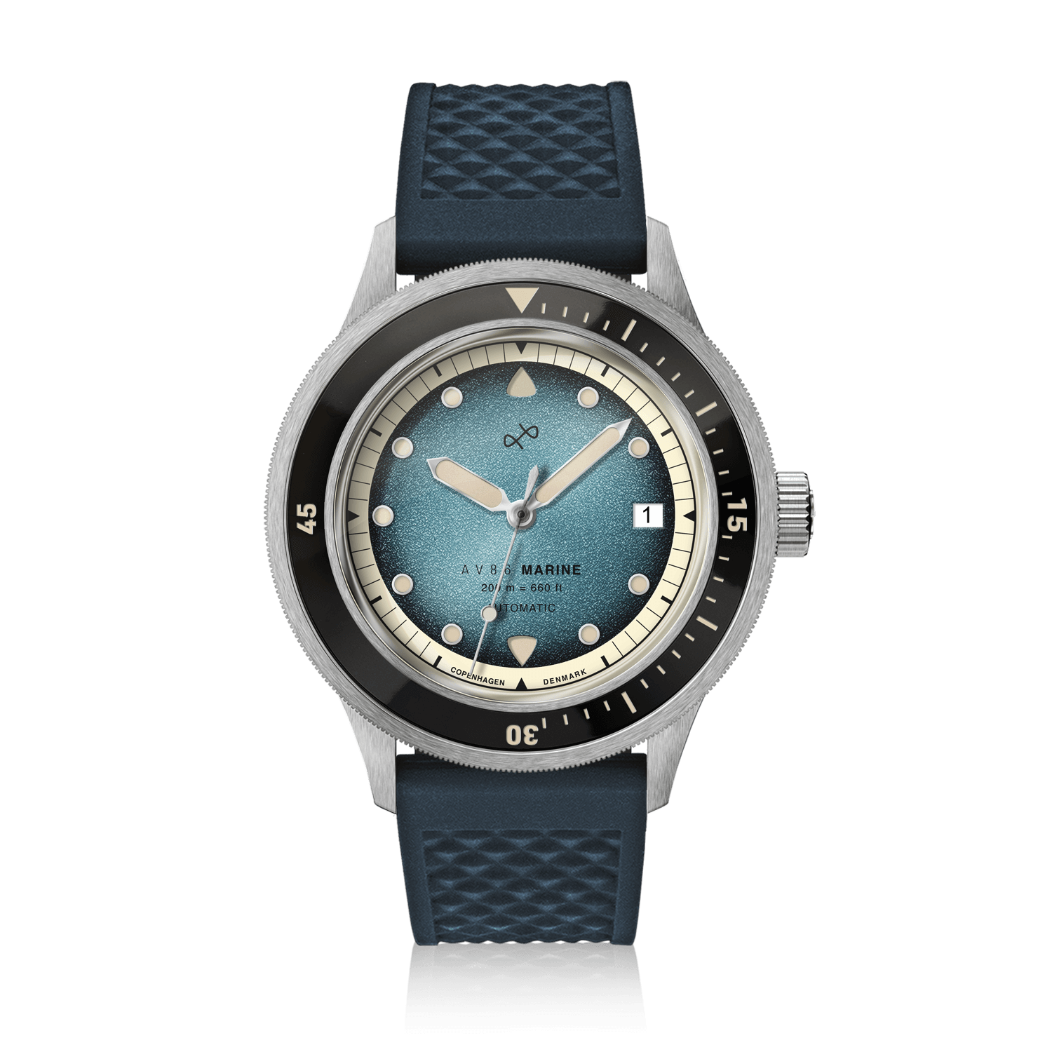 1956 Marine Automatic, Steel / Blue Fade featuring a blue fade dial, stainless steel case, and textured blue rubber strap by AV86 vintage-inspired watch