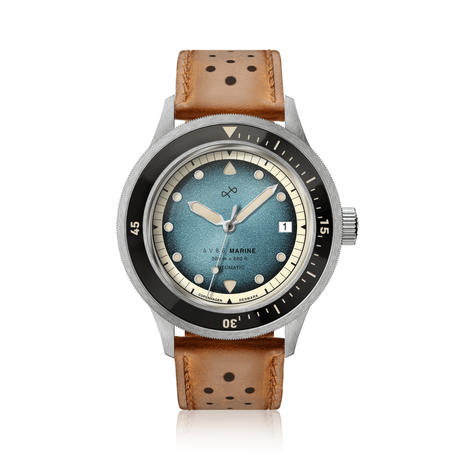 1956 Marine Automatic, Steel / Blue Fade with vintage-inspired blue fade dial and brown perforated leather strap by AV86 luxury timepiece