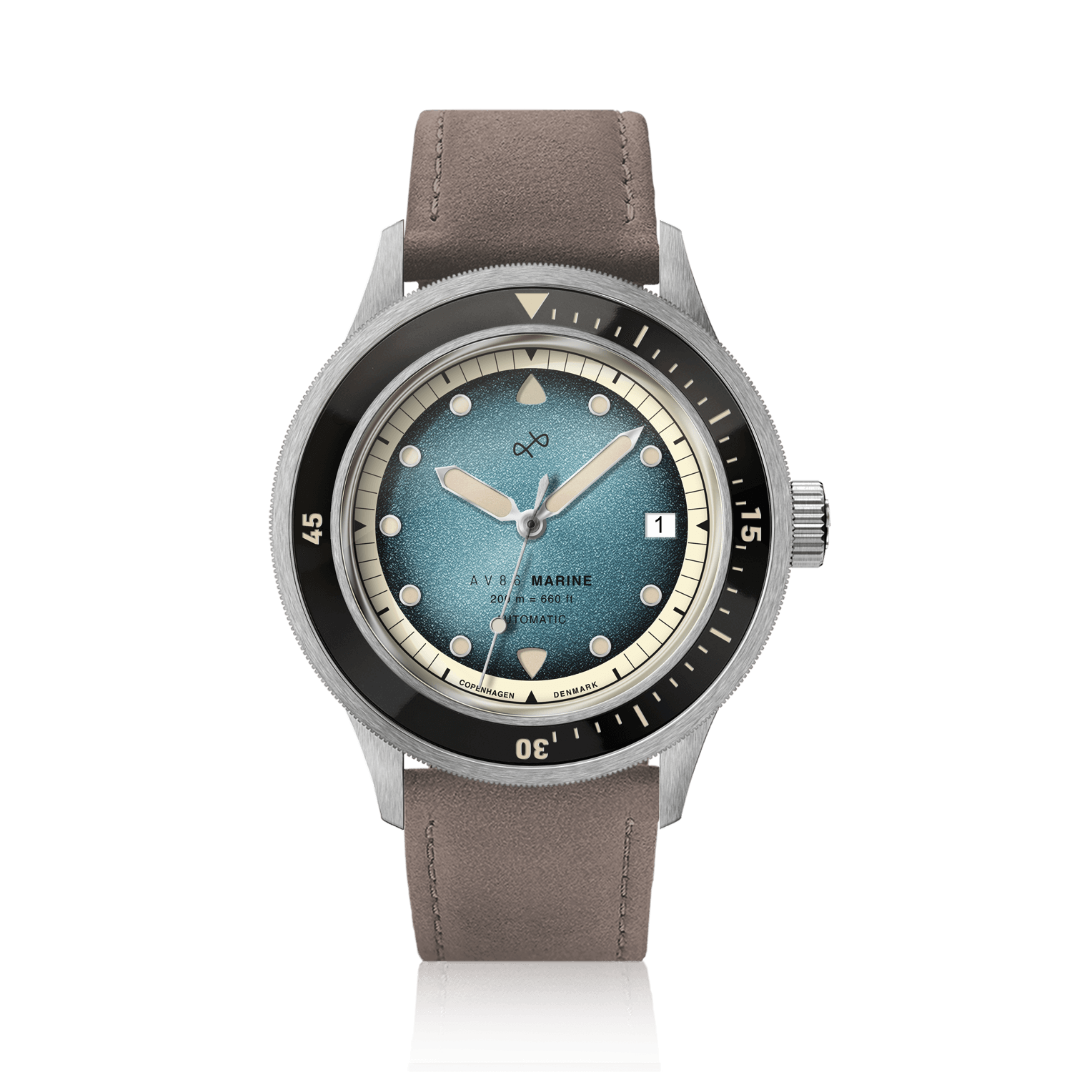 1956 Marine Automatic, Steel / Blue Fade wristwatch by AV86 with blue fading dial, stainless steel case, and brown leather strap.