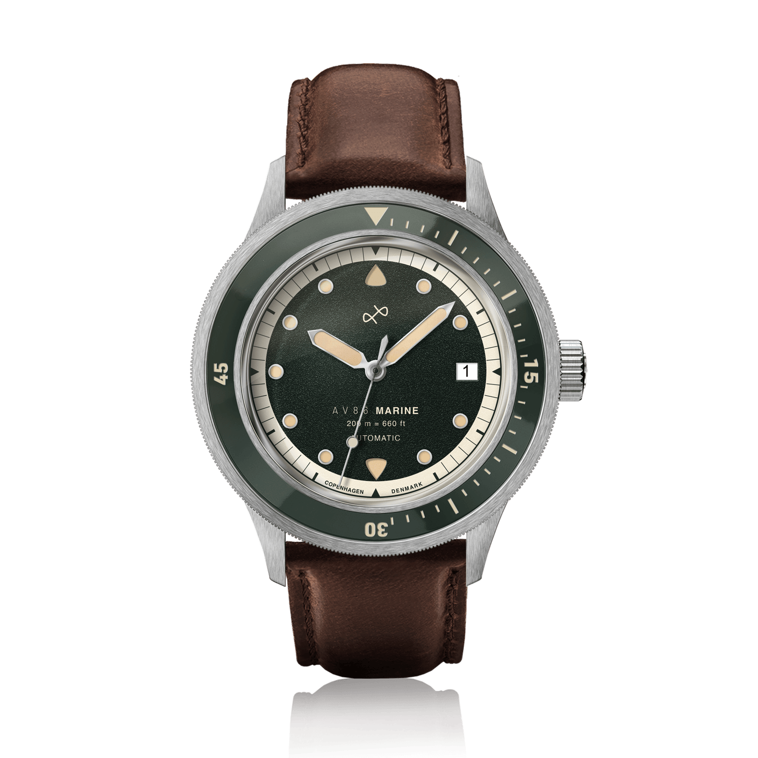 1956 Marine Automatic, Steel / Green by AV86 with vintage-inspired green dial, steel case, and brown leather strap luxury timepiece