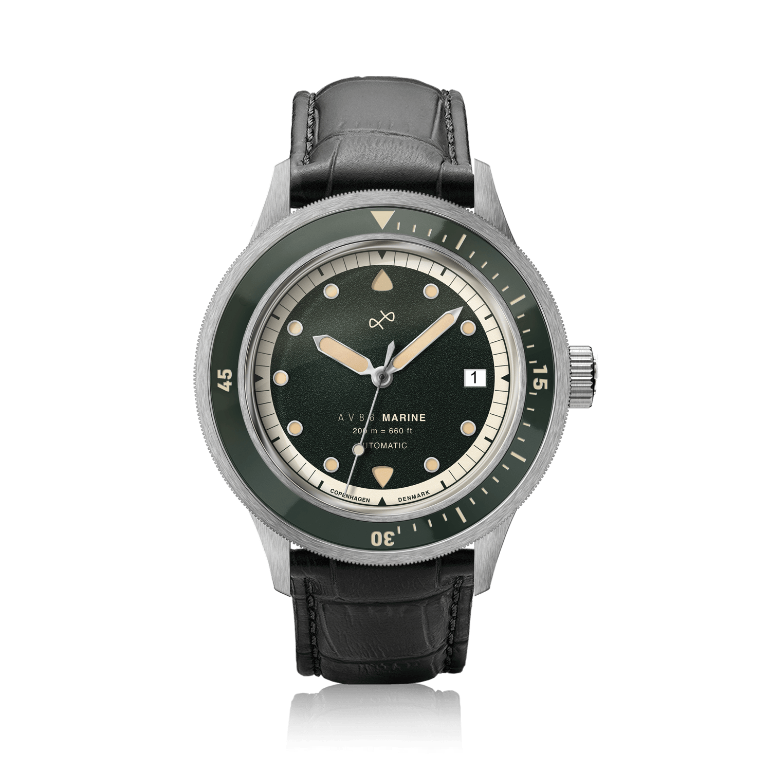 1956 Marine Automatic, Steel / Green featuring a vintage-inspired green dial, black leather strap, and stainless steel case by AV86.