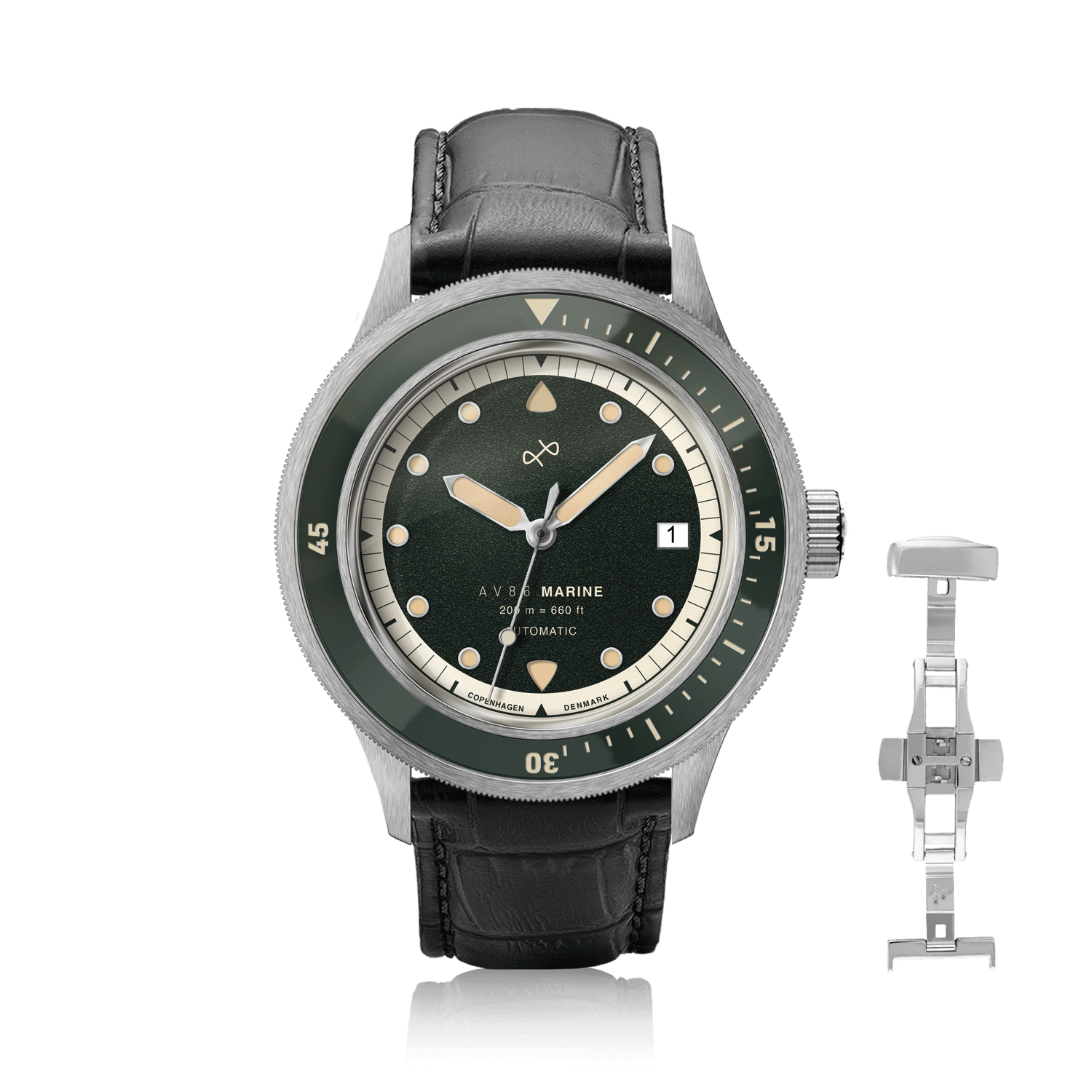 1956 Marine Automatic, Steel / Green vintage-inspired watch by AV86 with green bezel and black leather strap detailed design