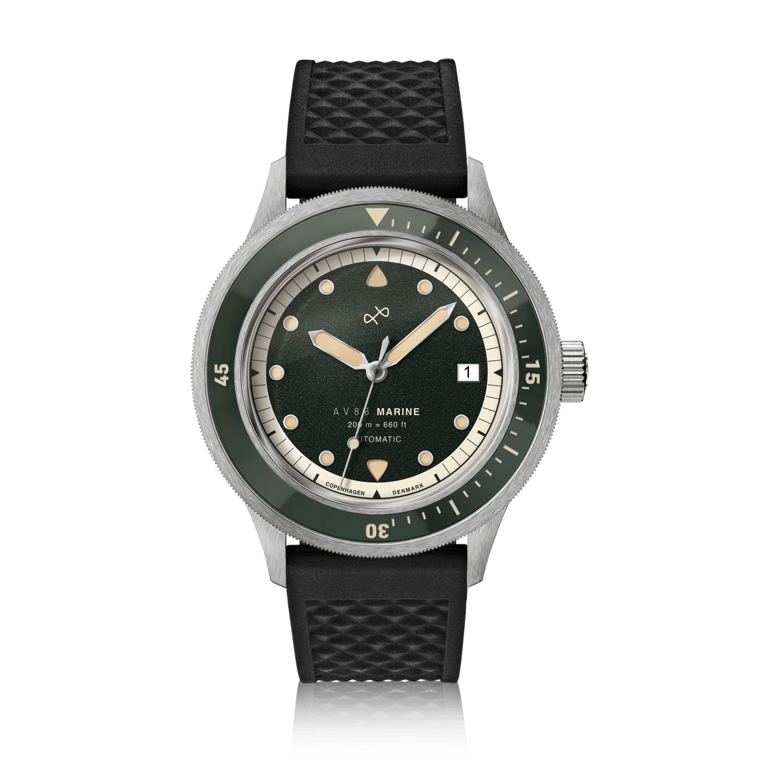 1956 Marine Automatic, Steel / Green showing a luxury AV86 vintage-inspired dive watch with black strap and green bezel design.
