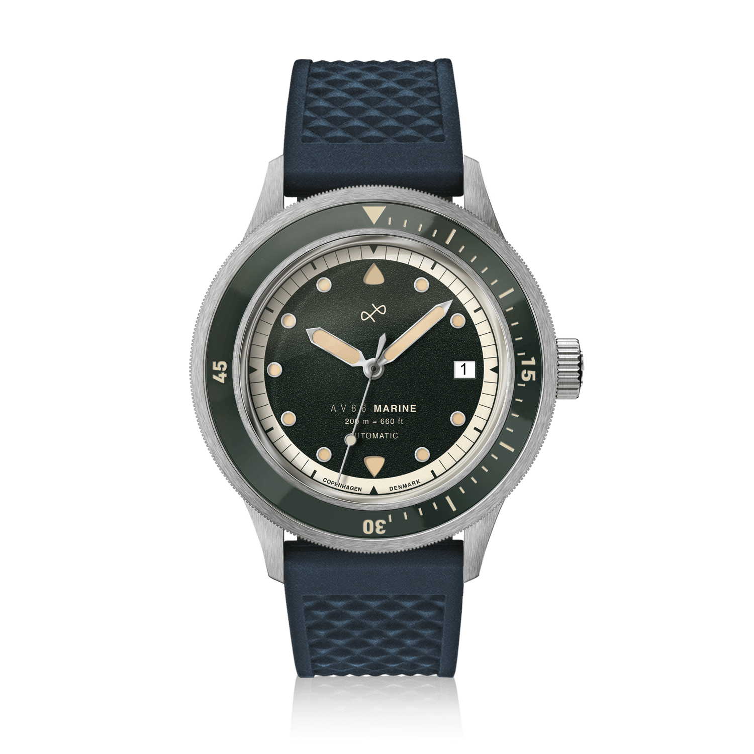 1956 Marine Automatic, Steel / Green by AV86, a vintage-inspired luxury timepiece with a green dial and blue textured strap.
