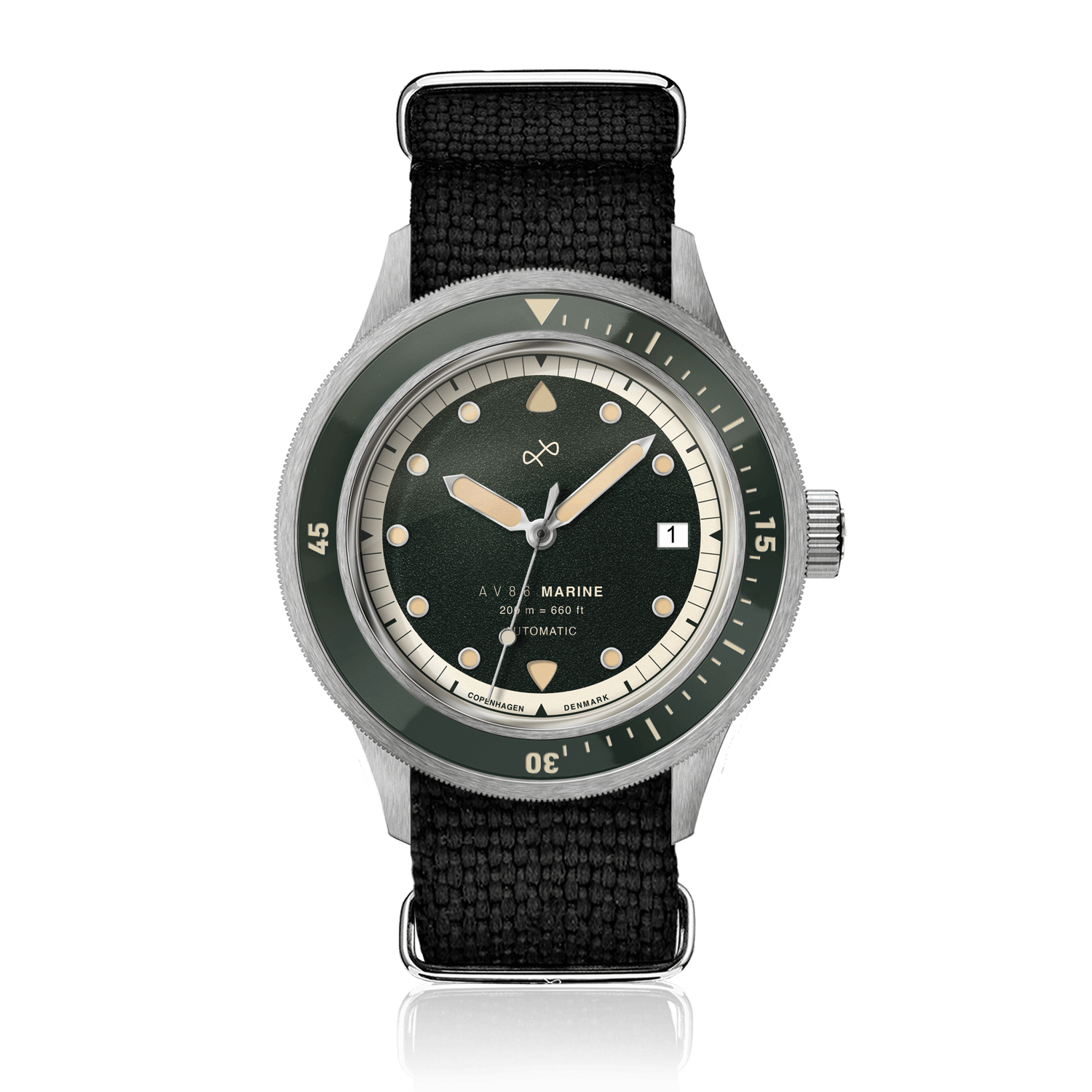 1956 Marine Automatic, Steel / Green by AV86 features a vintage-inspired green dial, stainless steel case, and black fabric strap.