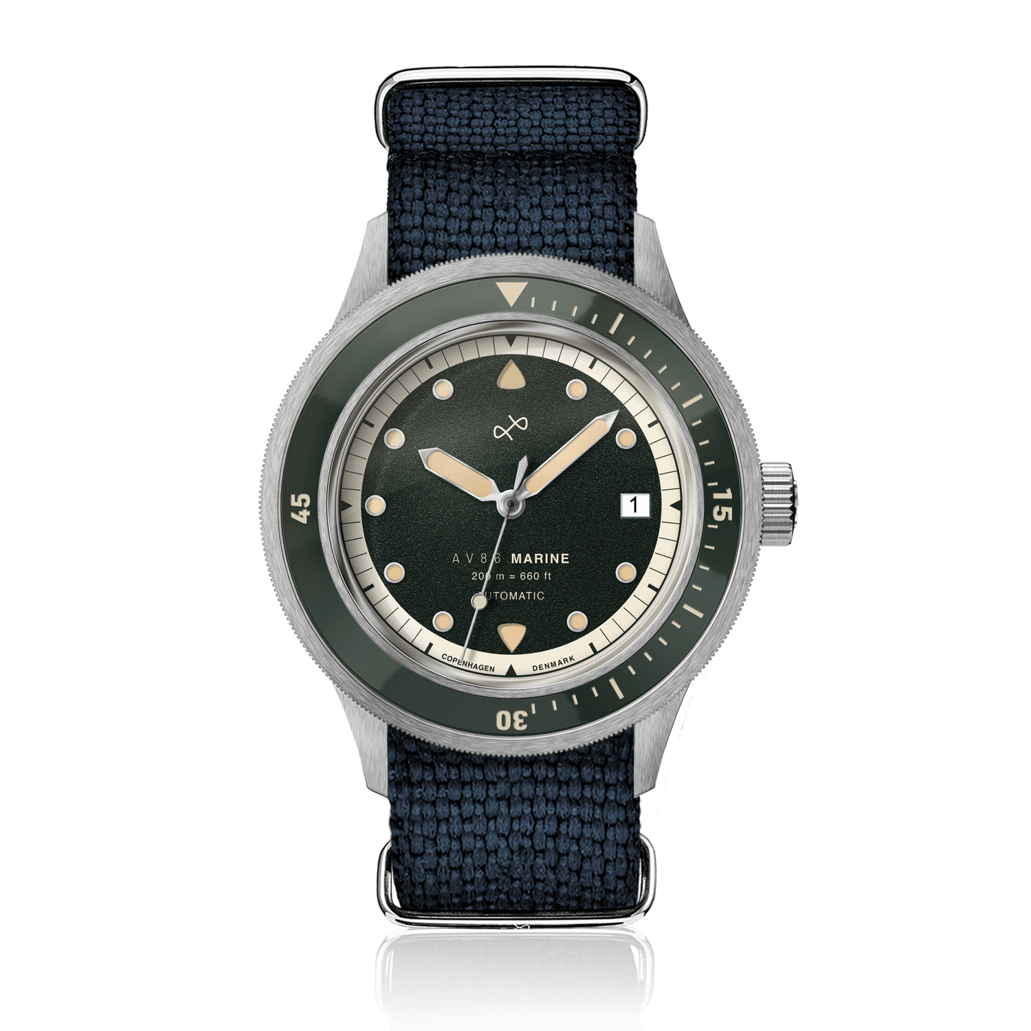 1956 Marine Automatic, Steel / Green by AV86 featuring a vintage-inspired green dial, stainless steel case, and dark woven strap.