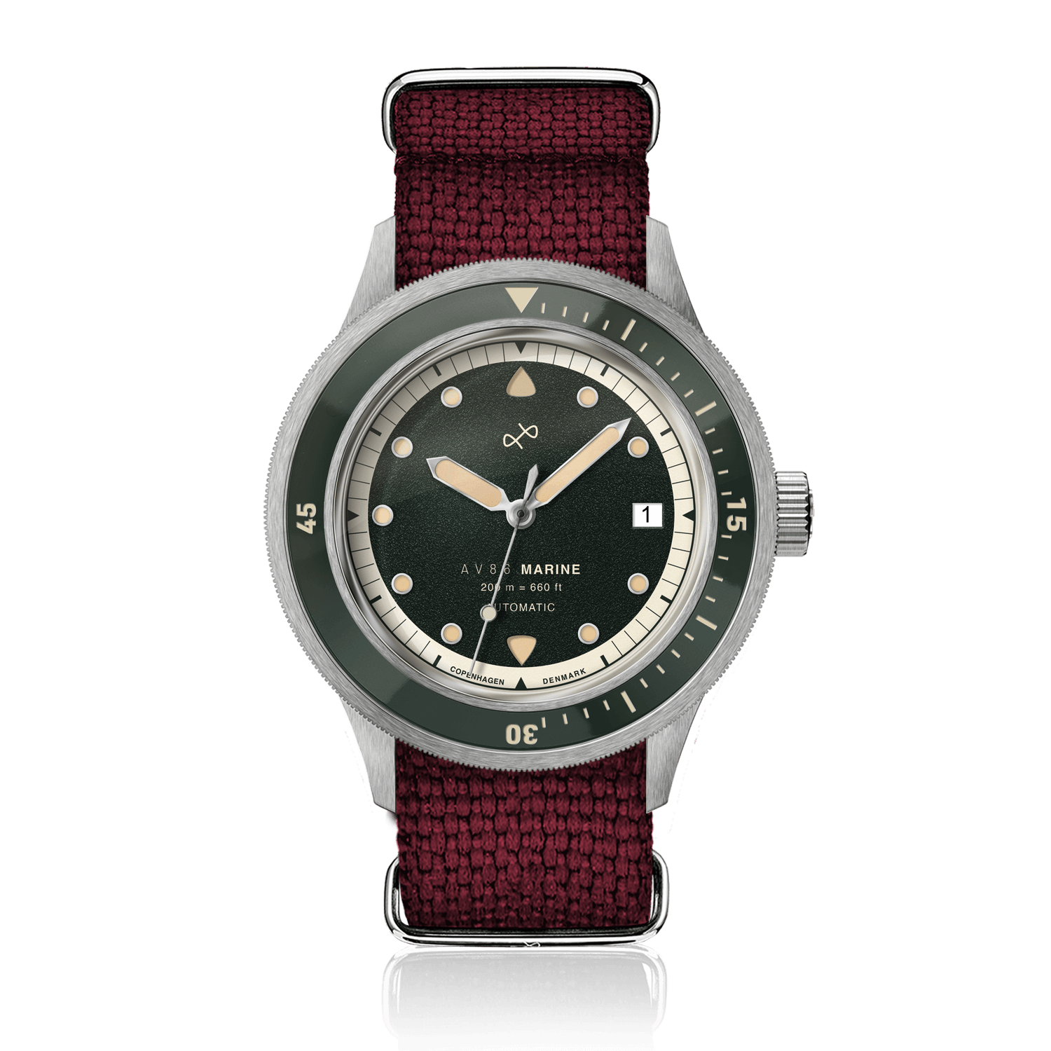 1956 Marine Automatic, Steel / Green vintage-inspired watch by AV86 with green dial and burgundy textile strap in Nordic minimalism style