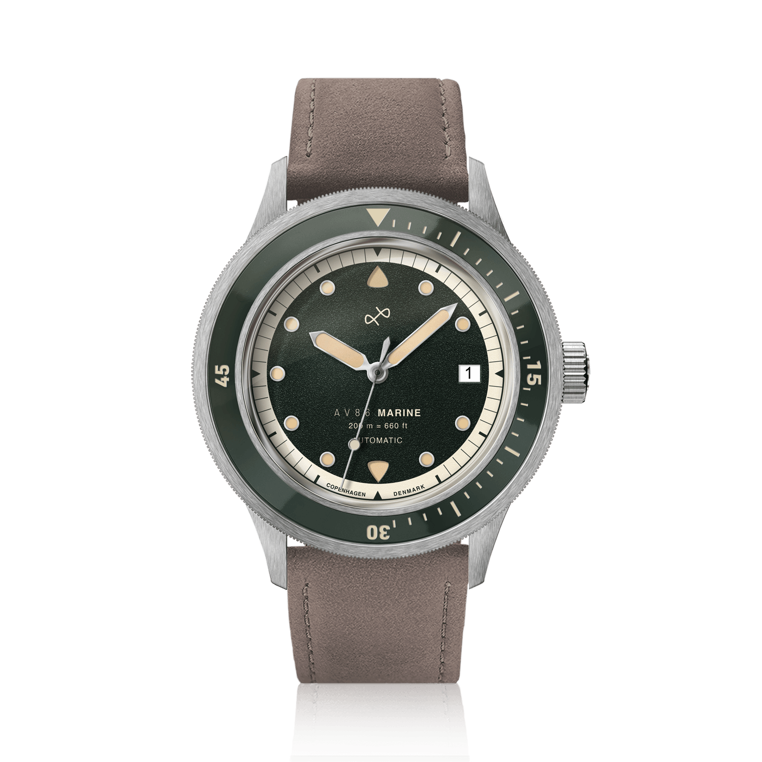 1956 Marine Automatic, Steel / Green with green bezel, black dial, beige markers, and brown leather strap by AV86 luxury watch brand.