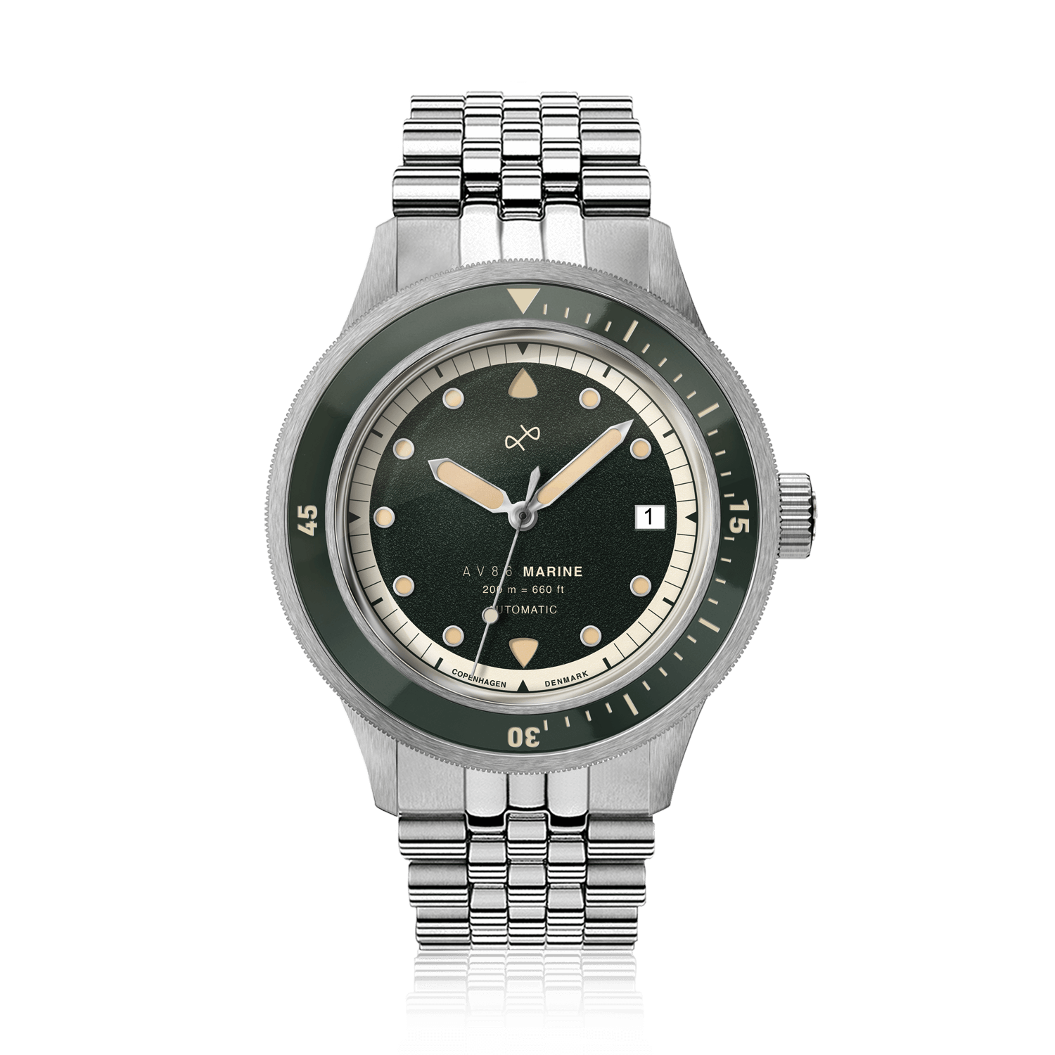1956 Marine Automatic, Steel / Green by AV86, vintage-inspired luxury timepiece with green dial and stainless steel bracelet design