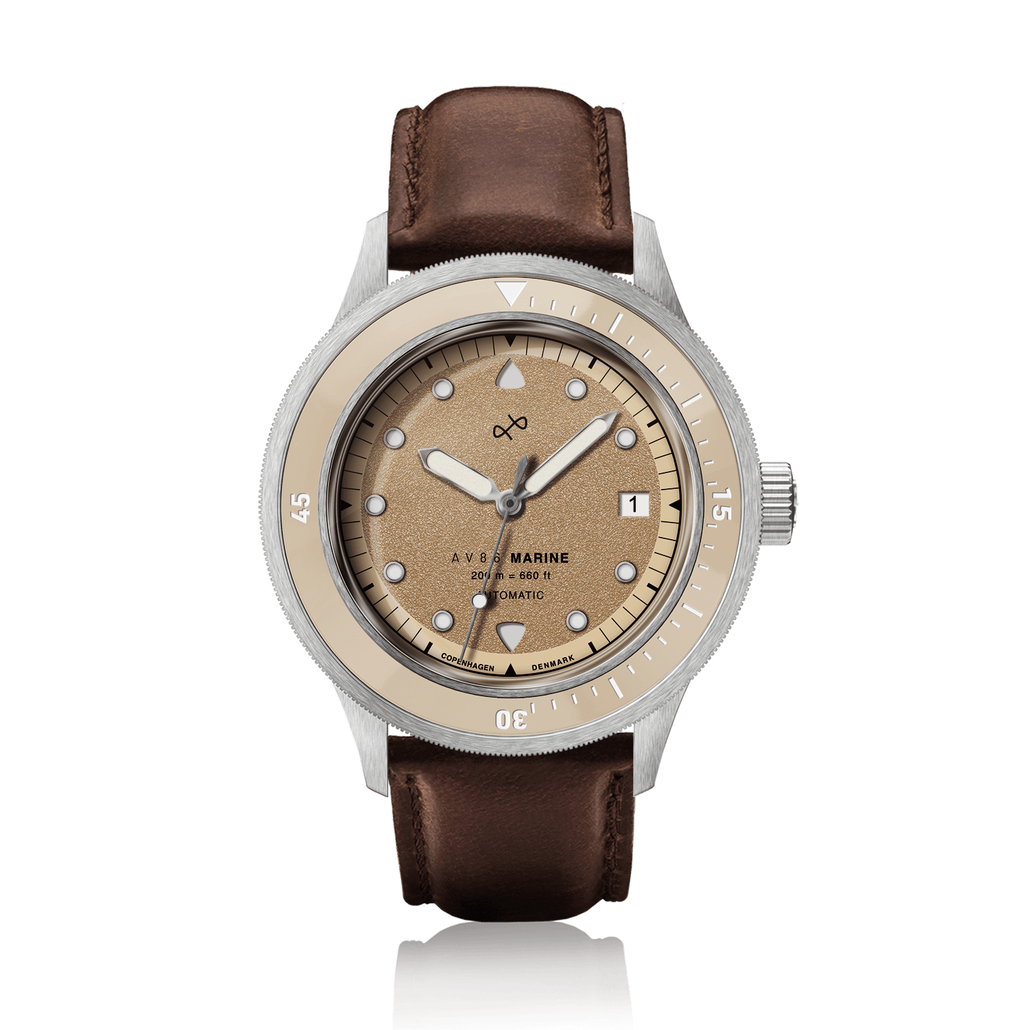 1956 Marine Automatic, Steel / Sand with vintage-inspired dial, stainless steel case, and brown leather strap by AV86 luxury timepiece