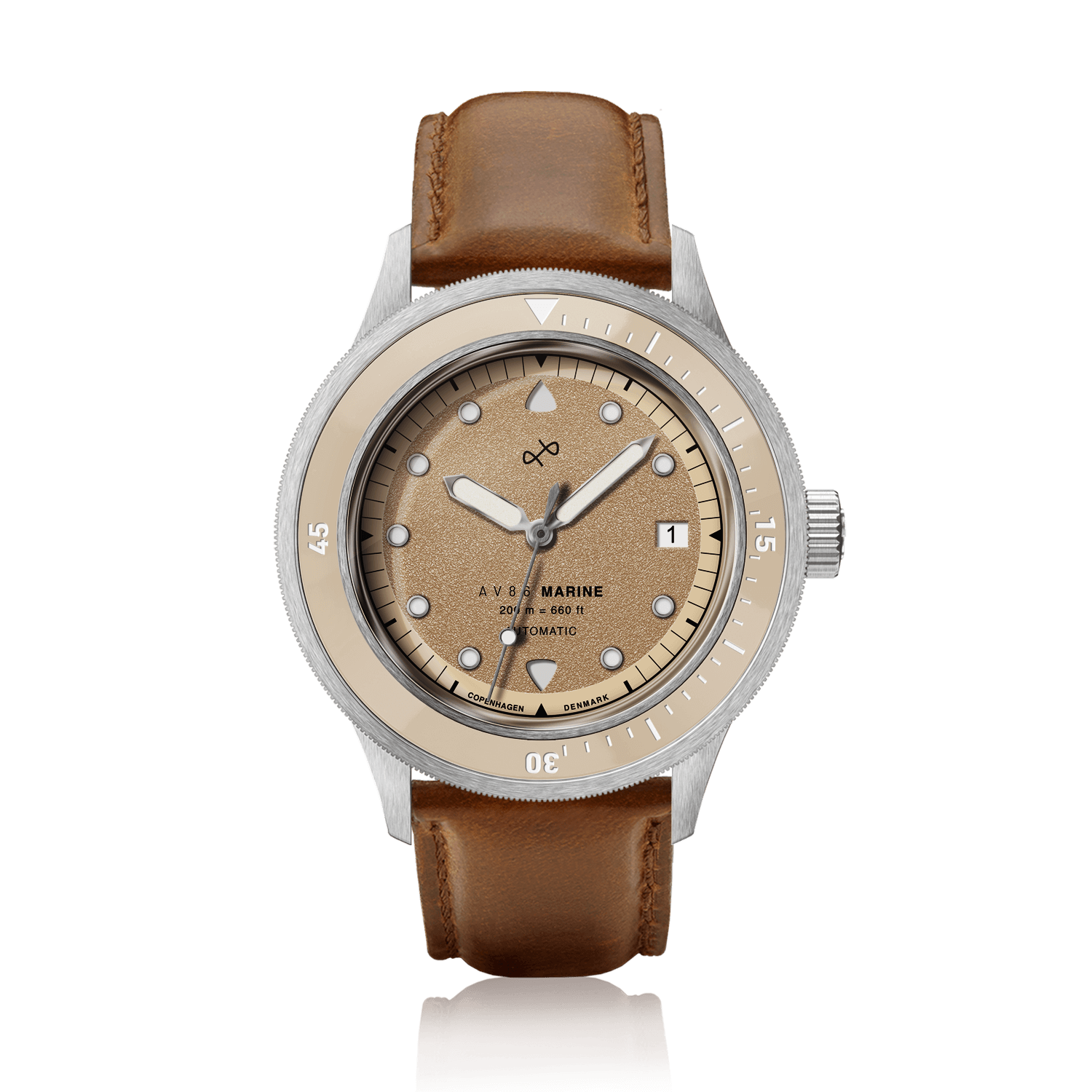 1956 Marine Automatic, Steel / Sand with vintage-inspired dial, leather strap, and Scandinavian minimalistic design by AV86.