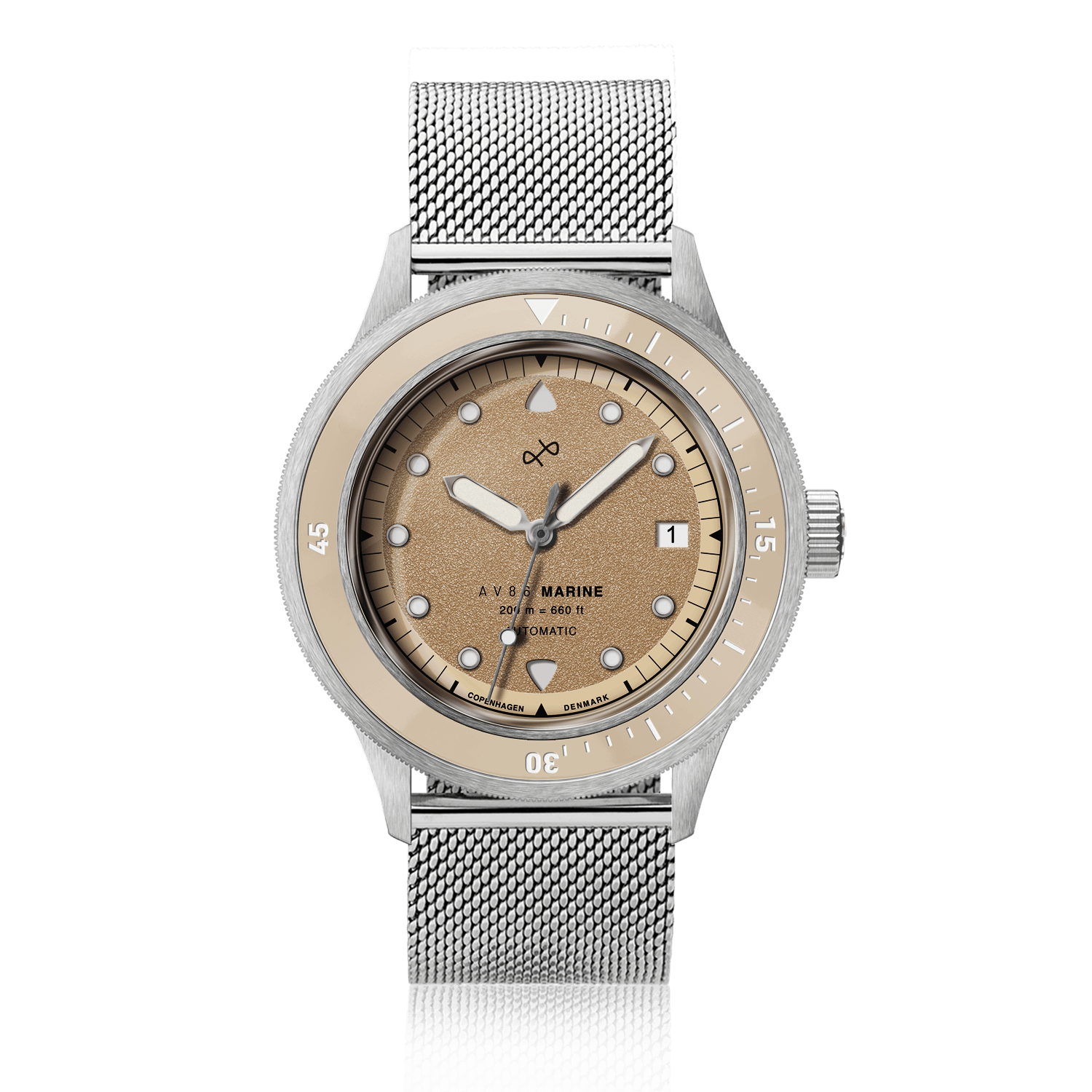 1956 Marine Automatic, Steel / Sand with mesh steel strap, vintage-inspired watch by AV86 featuring a sand-colored dial and date display
