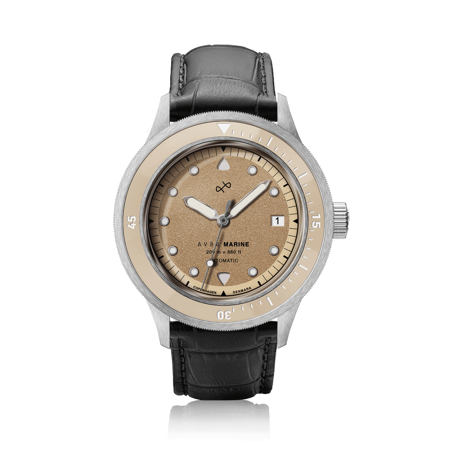 1956 Marine Automatic, Steel / Sand wristwatch by AV86 featuring a luxury vintage-inspired design with black leather strap and sand dial.