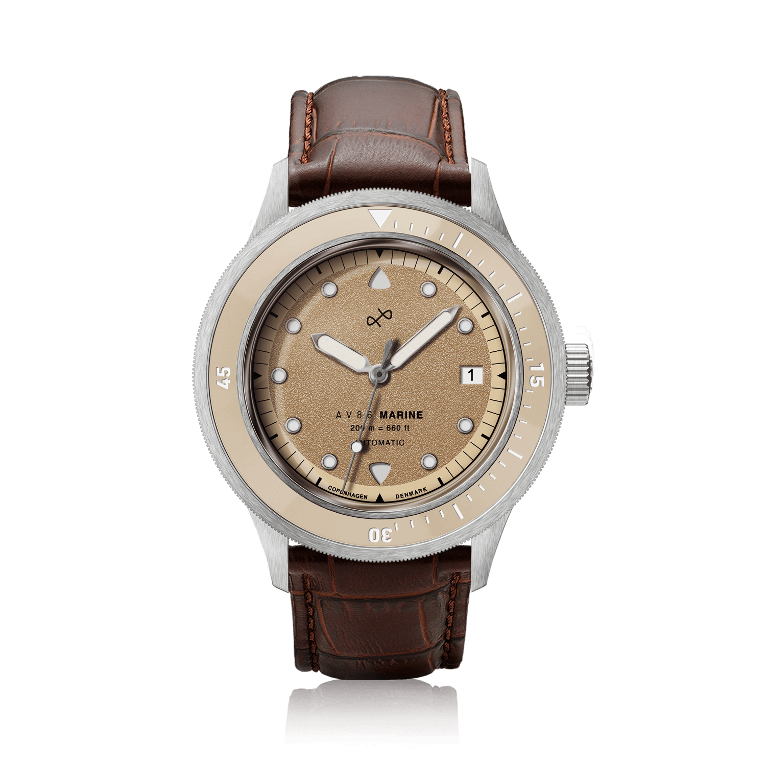 1956 Marine Automatic, Steel / Sand vintage-inspired watch by AV86 with steel case and brown leather strap