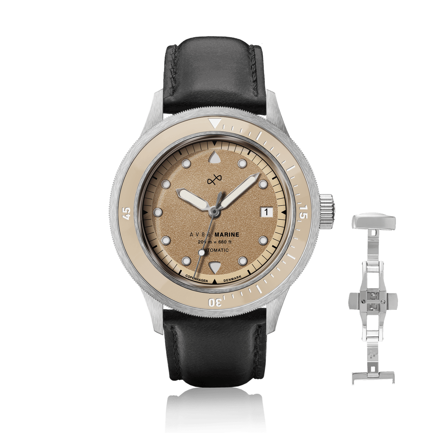 1956 Marine Automatic, Steel / Sand with sand-colored dial, steel bezel, black leather strap, and date display by AV86.
